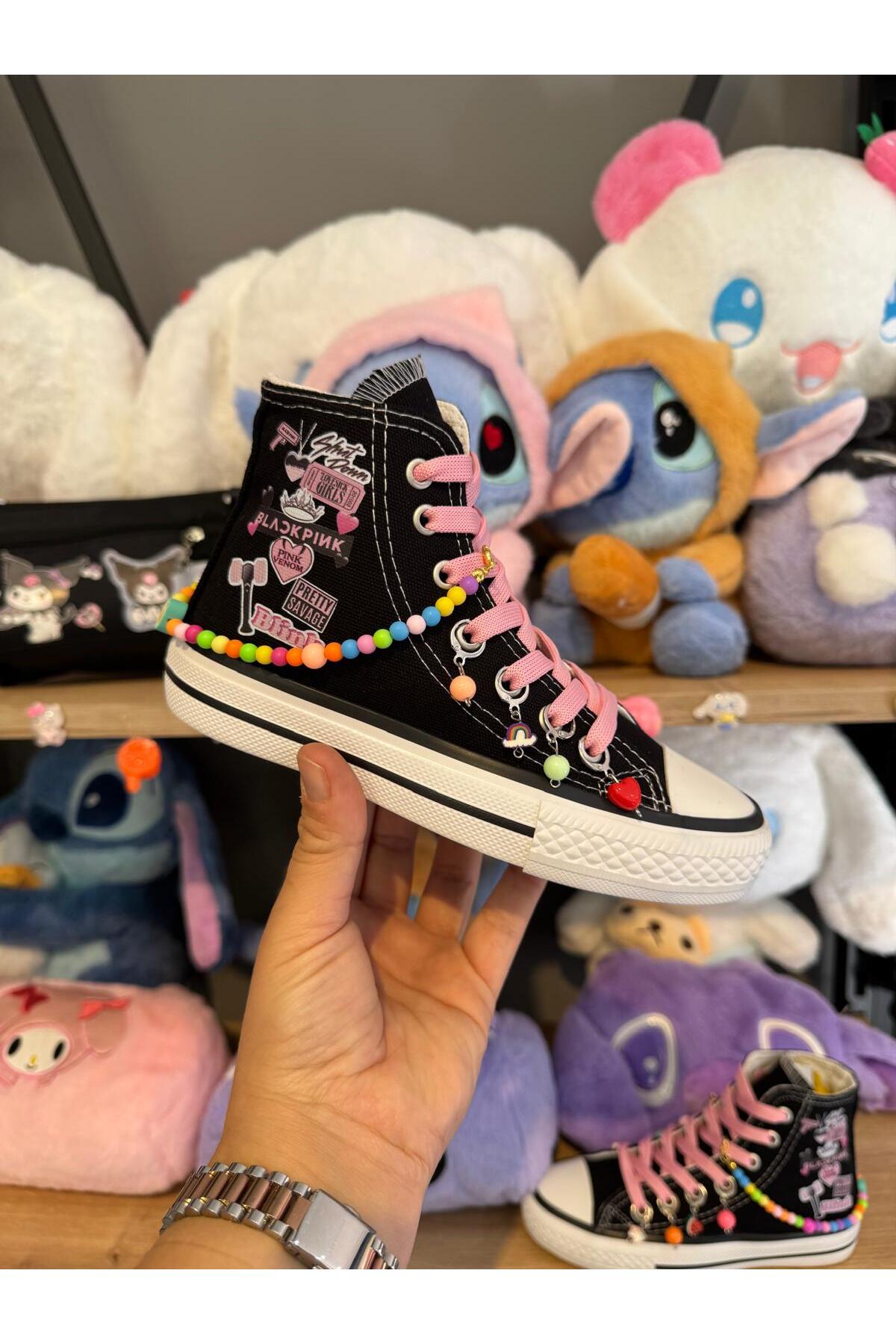 MECH BUTİK Blackpink Mix Baskılı Siyah Bilekli Pembe Bağcıklı