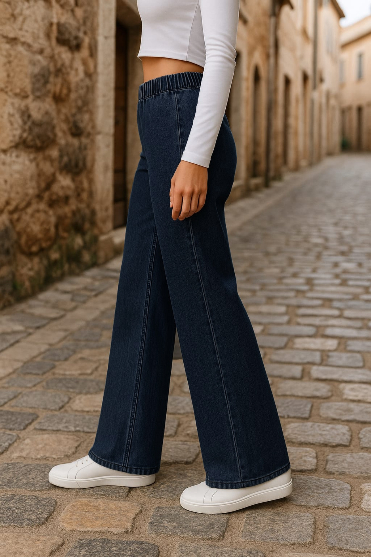 CEDY DENIM  - Likralı Kumaş Cepsiz Beli Lastikli Palazzo Pantolon C640-Mavi - Görsel 4