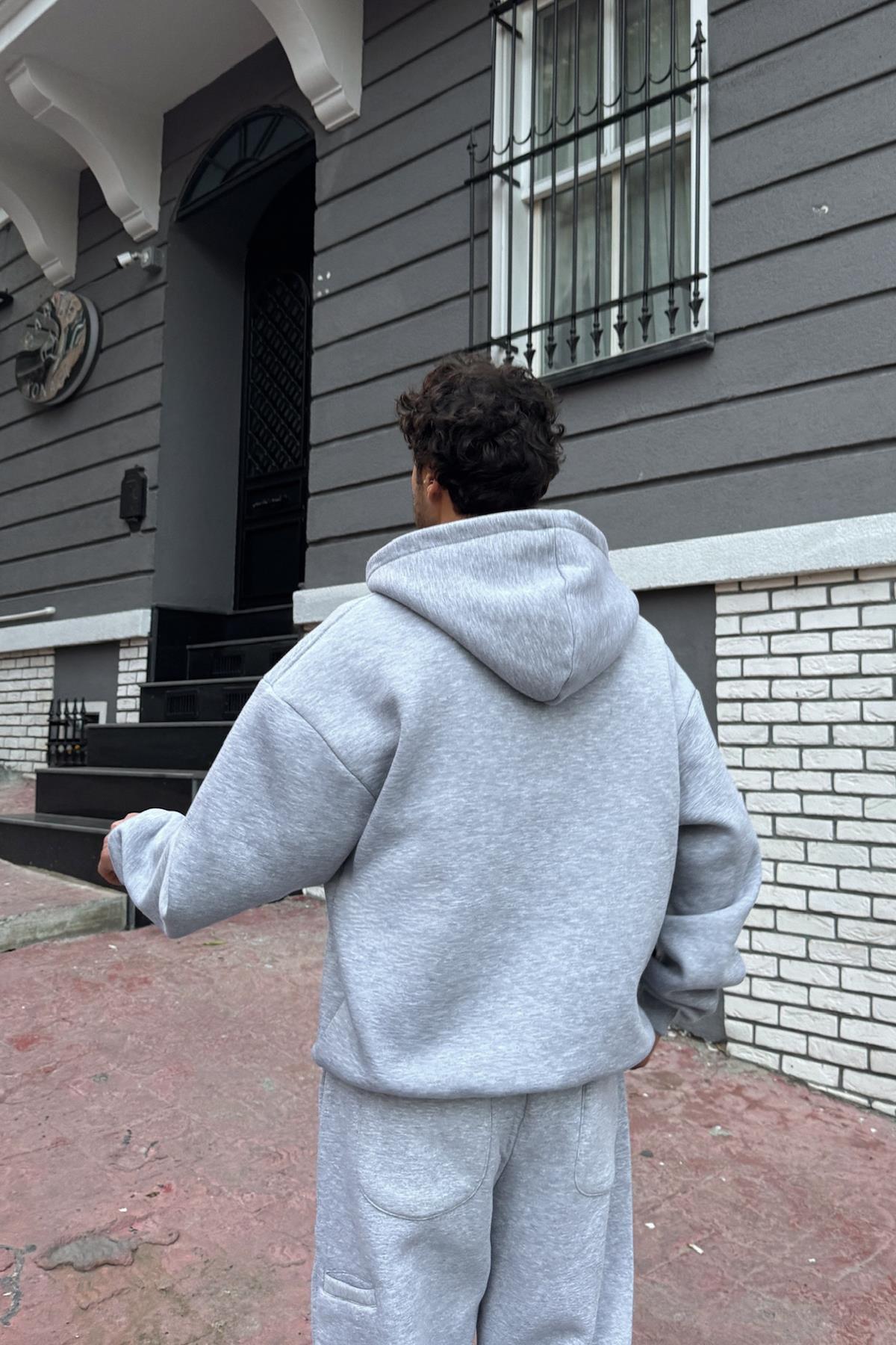 Flaw Wear Basic Zip Hoodie Gri Melanj görsel 2