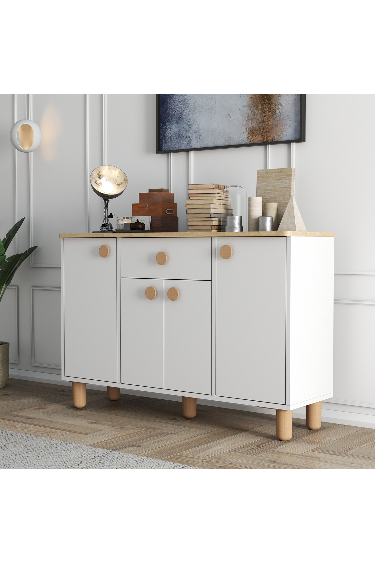 4 Kapaklı Çekmeceli Kahve Köşesi Dolabı - Mutfak Dolabı - Konsol - Dresuar (Safir Meşe - Beyaz)