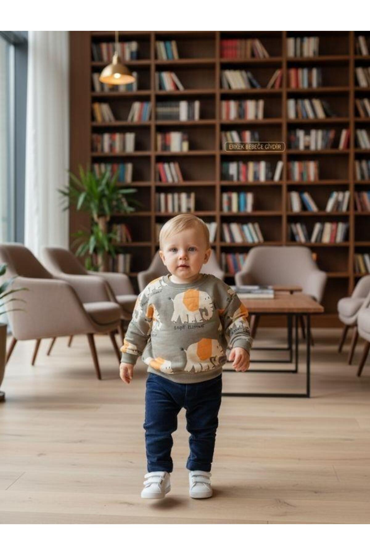 Zekids Erkek Bebek yumuşak Dokulu Fil Desenli Sweatshirt fotoğrafı 2 (önizleme)