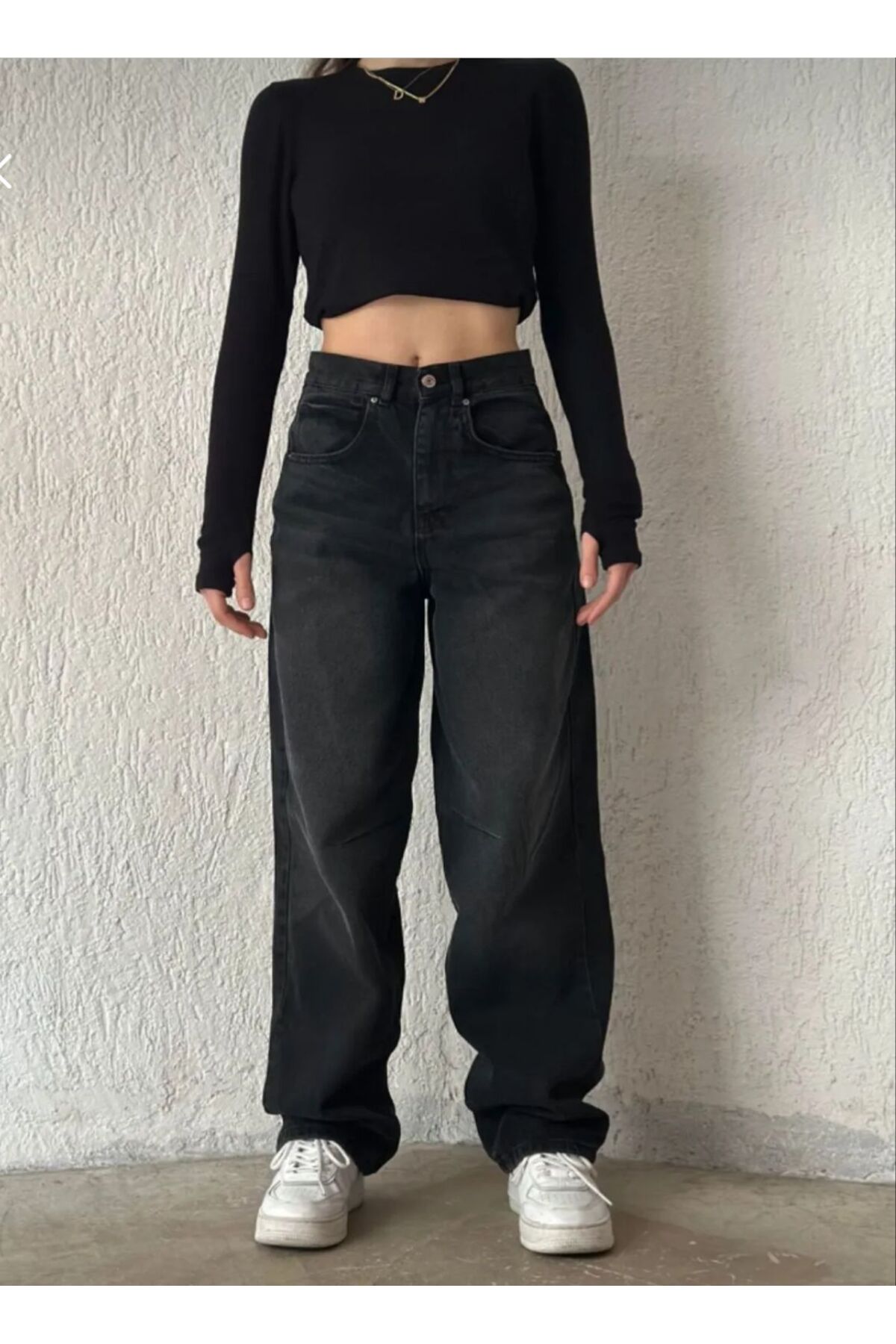 MRİABE  Sim Siyah Toka Detaylı Bol Kesim Geniş Paça Rahat Baggy Jean Kot Salaş Kadın Pantolon