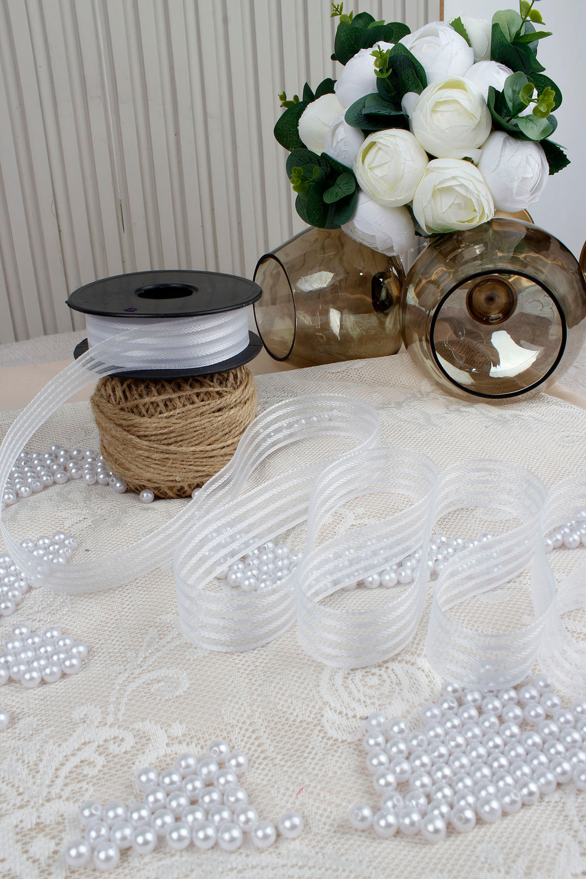 White Hilton Striped Chiffon Ribbon 2.5 cm 20 mt - Bundle, Wedding, Engagement, Dowry, Gift, Ornament, Party