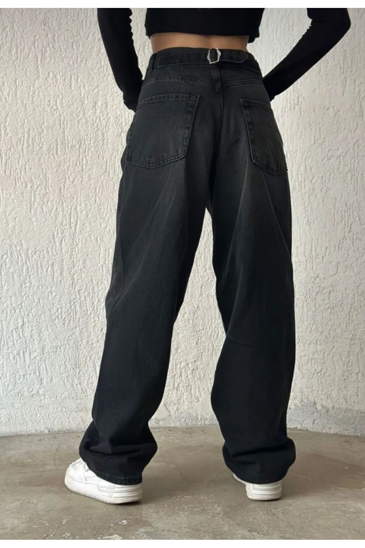 MRİABE  Sim Siyah Toka Detaylı Bol Kesim Geniş Paça Rahat Baggy Jean Kot Salaş Kadın Pantolon - Görsel 2