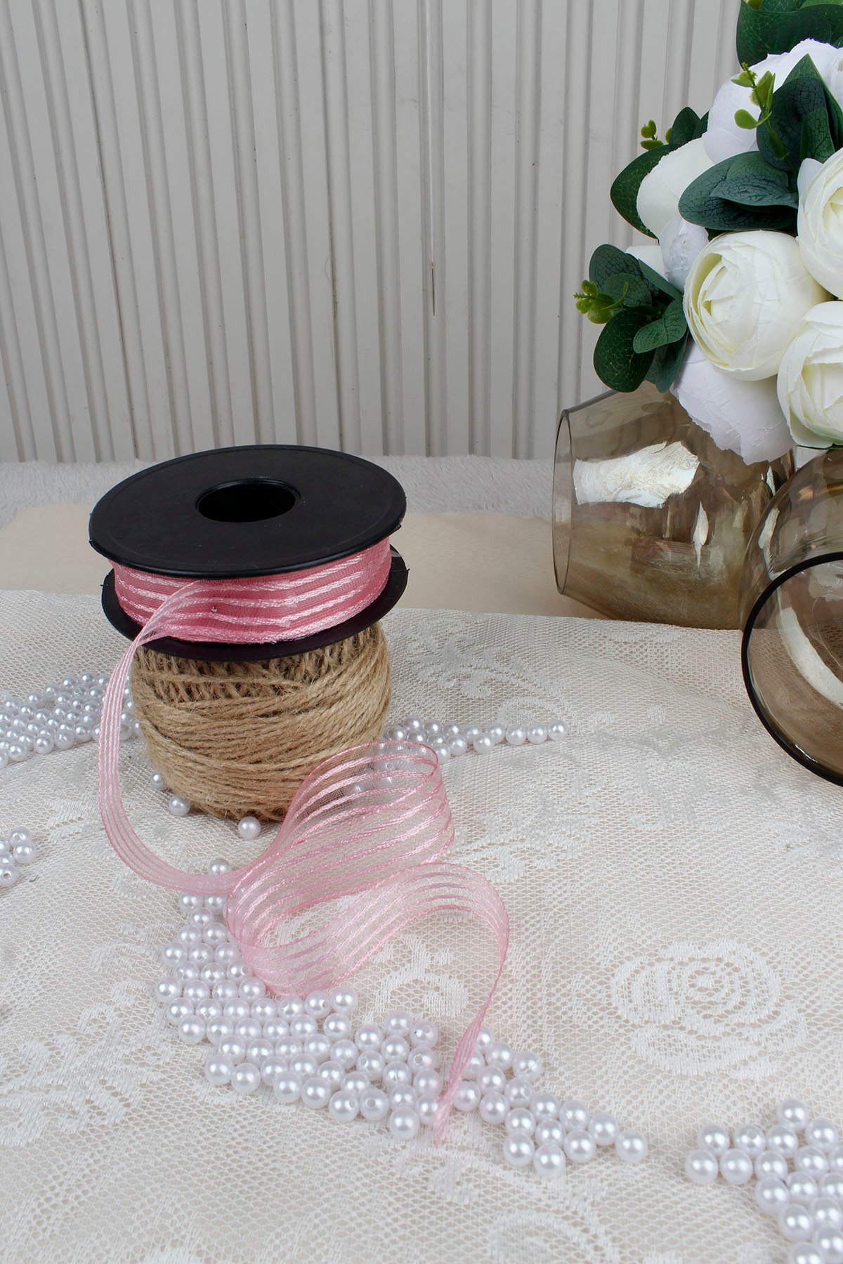 Pink Hilton Striped Chiffon Ribbon 2.5 cm 20 mt - Bundle, Wedding, Engagement, Dowry, Gift, Ornament, Party