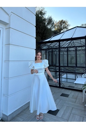 ASLIHANGÜNER NAREN kloş etek beyaz kare yaka balon kol uzun elbise/abiye