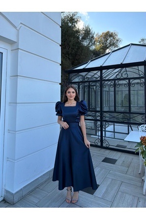 ASLIHANGÜNER NAREN kloş etek lacivert kare yaka balon kol uzun elbise/abiye