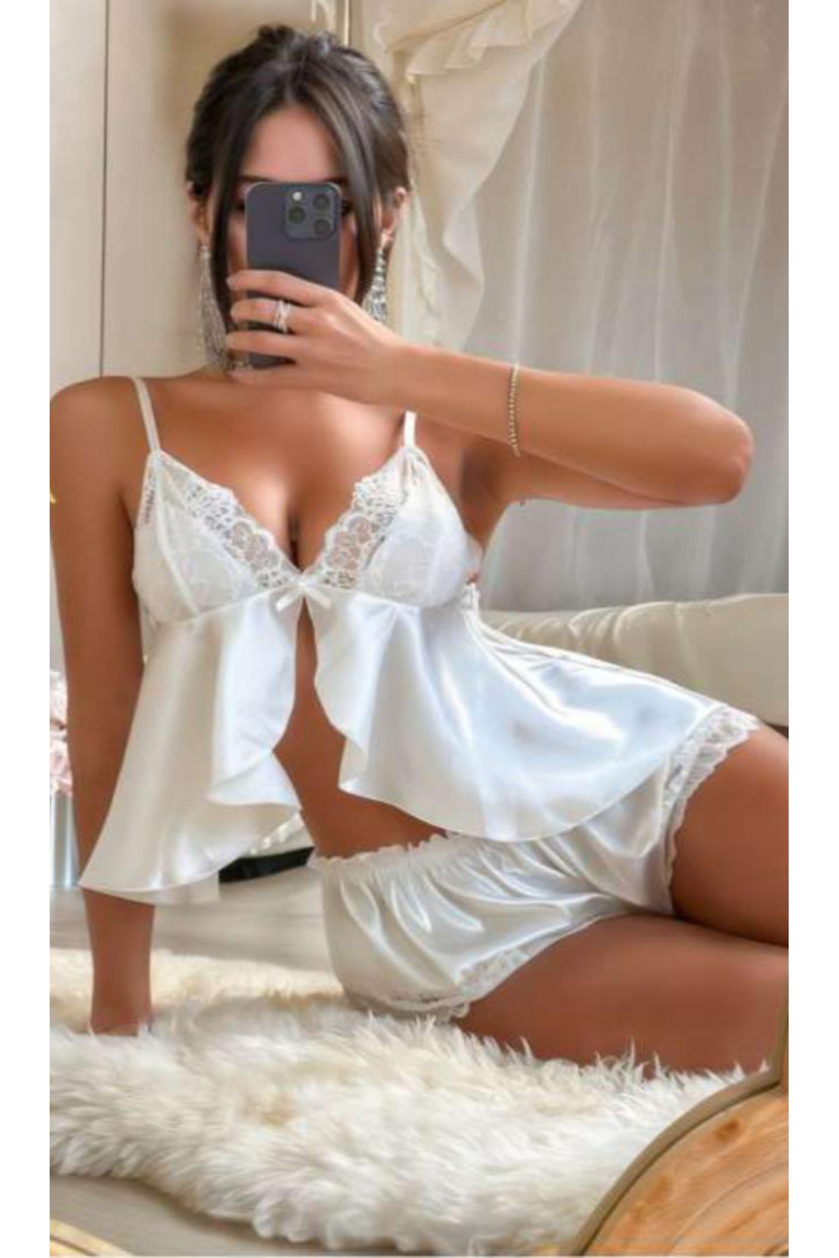 Visatin Lingerie Kadın Dantelli Ayarlanabilir Askılı Saten Şortlu Gecelik Takımı