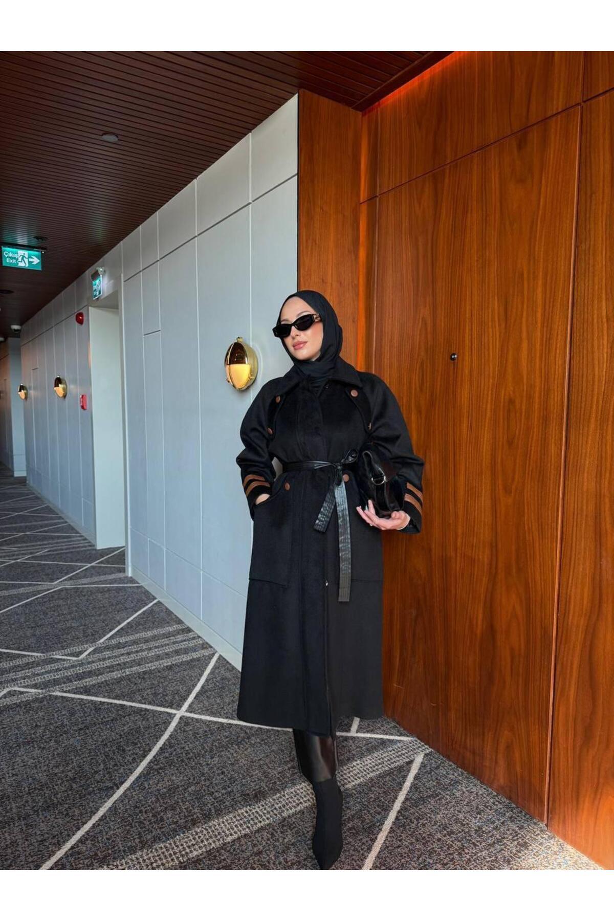 NHMODA kemerli kaşe kumaş astarlı palto