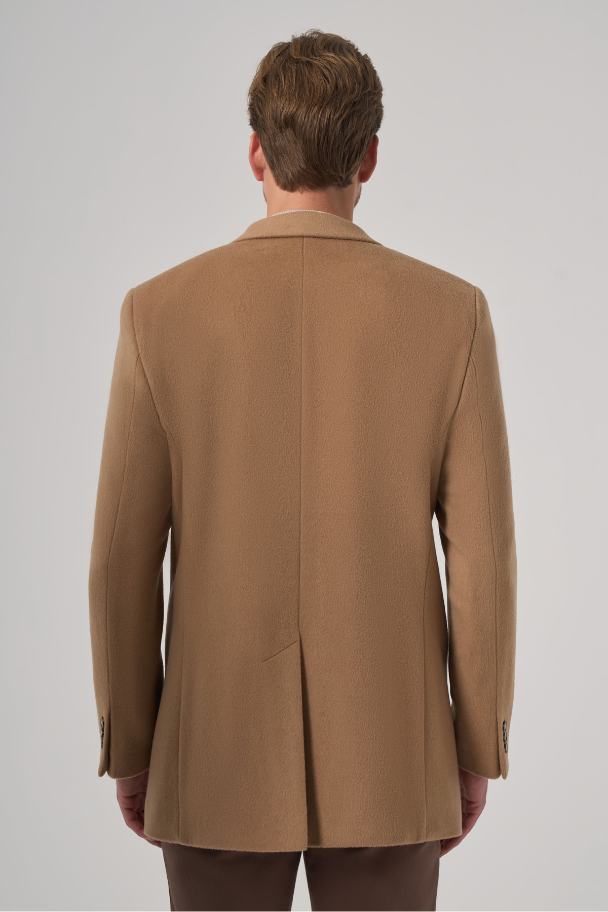 Morven  Erkek Bej Yünlü Düz Dynamic Fit Sivri Yaka Kaban - Görsel 5