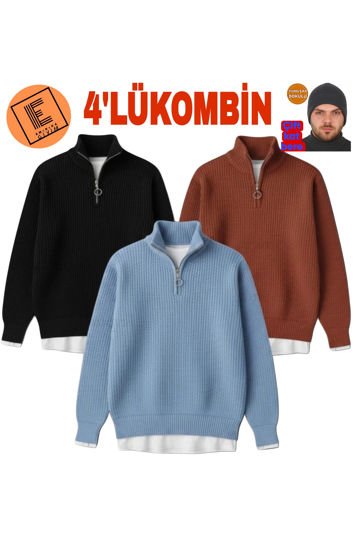 EMKA GİYİM Erkek 4'lü kombin balıkçı yaka fermuarlı triko oversize kazak
