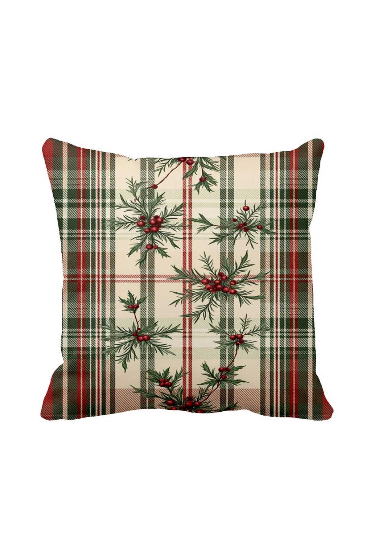 Red Green Plaid Cushion Cover with Winter Concept - Christmas Decor 43 x 43 cm Suede