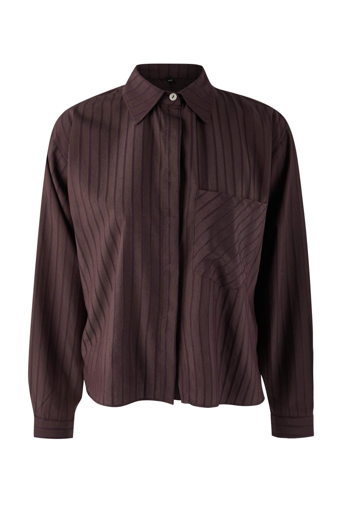 Trendyolmilla  Kahverengi Çizgili Oversize Dokuma Gömlek TWOAW26GO00138 - Görsel 9