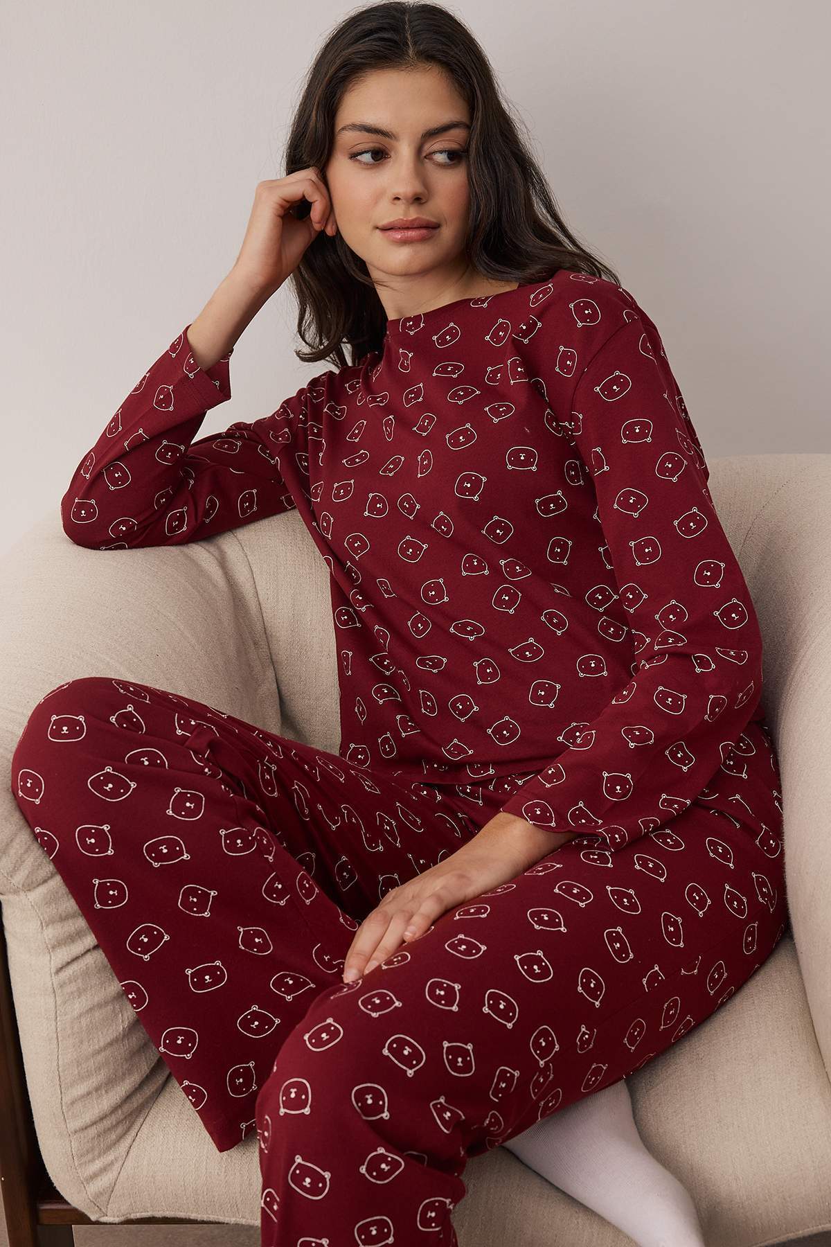 Trendyolmilla  Bordo %100 Pamuklu Ayıcıklı Örme Pijama Takımı THMAW25PT00131 - Görsel 2