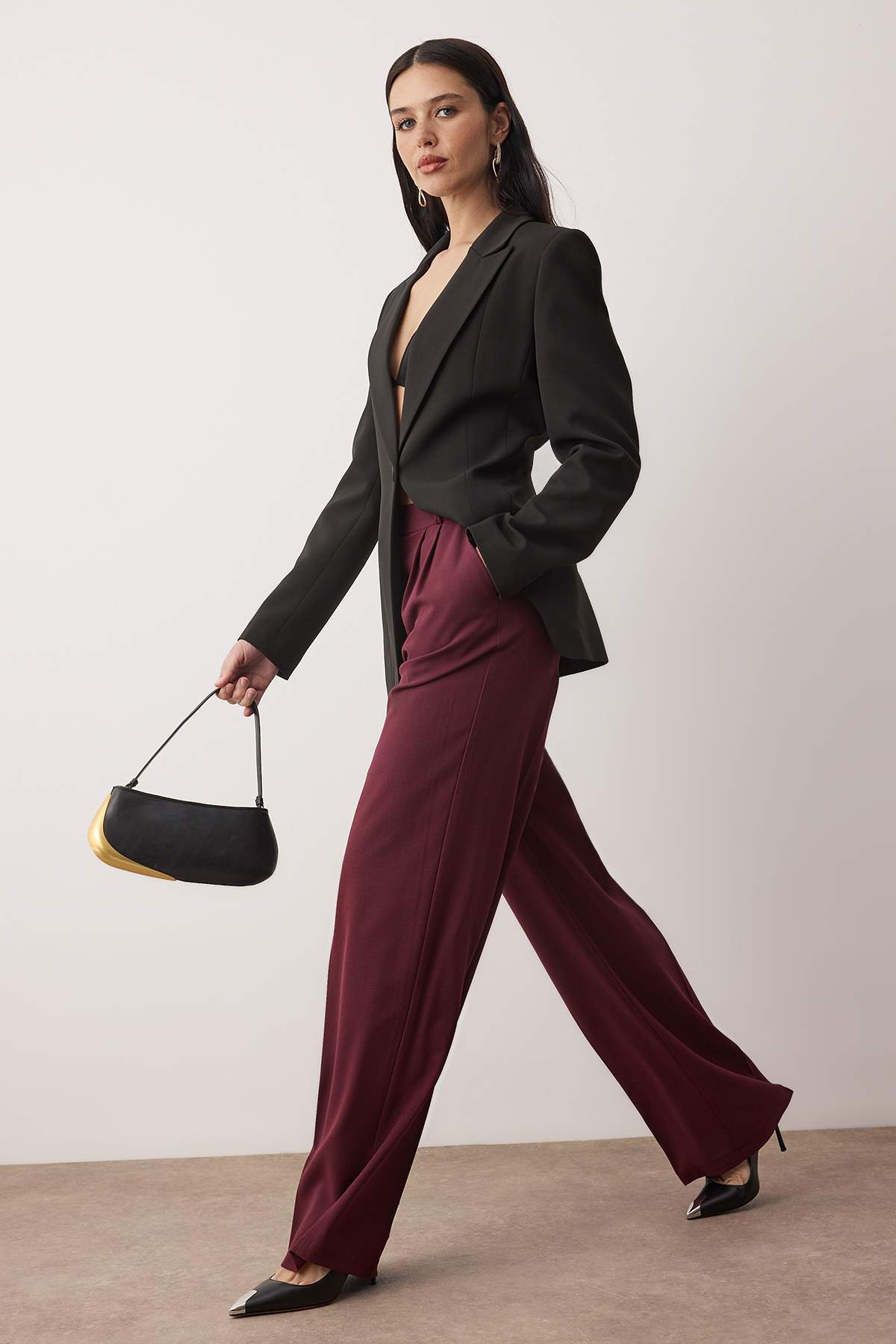 Trendyolmilla  Mürdüm Bol Paça Dokuma Pantolon TPRAW23PL00016 - Görsel 2