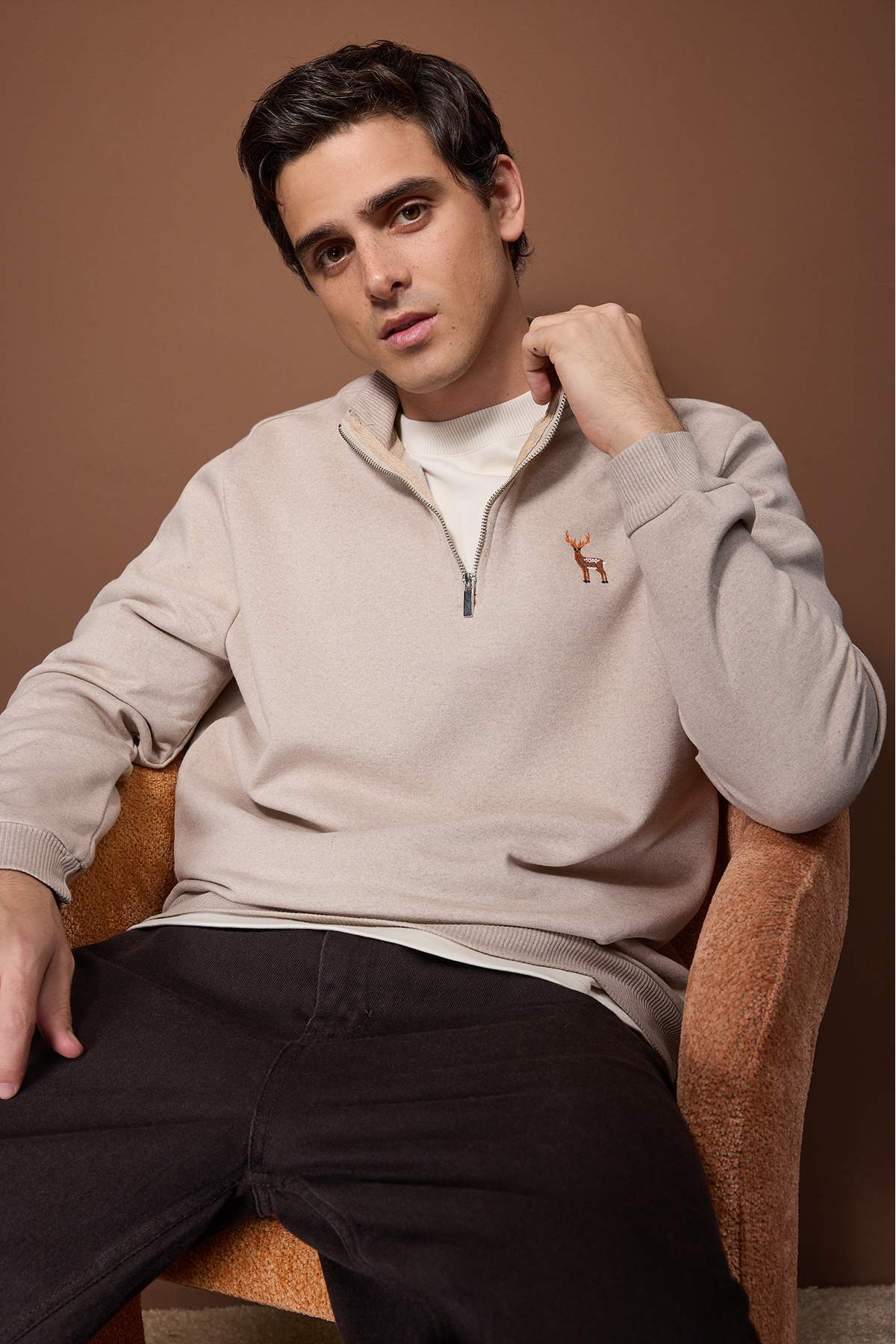 Trendyolmilla Man Bej Regular/Normal Kesim Geyik Nakışlı Dik Yaka Kalın İçi Polarlı Sweatshirt TMNAW26SW00021
