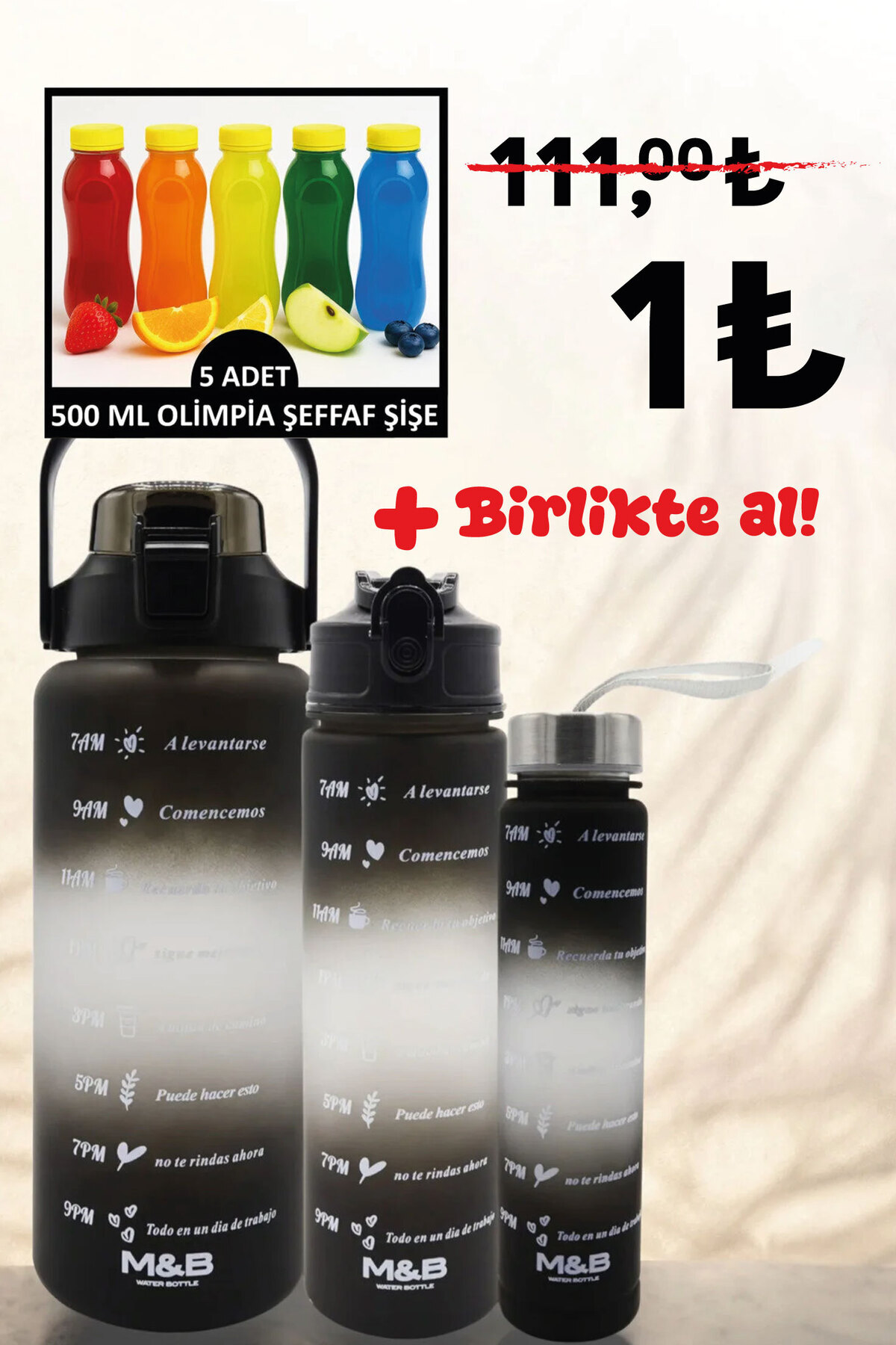 M&B WATER BOTTLE 3'lü Motivasyonel Matara Seti - Günlük Spor Kamp Su Matarası Pipetli Suluk Su Şişesi 2000-900-500ml