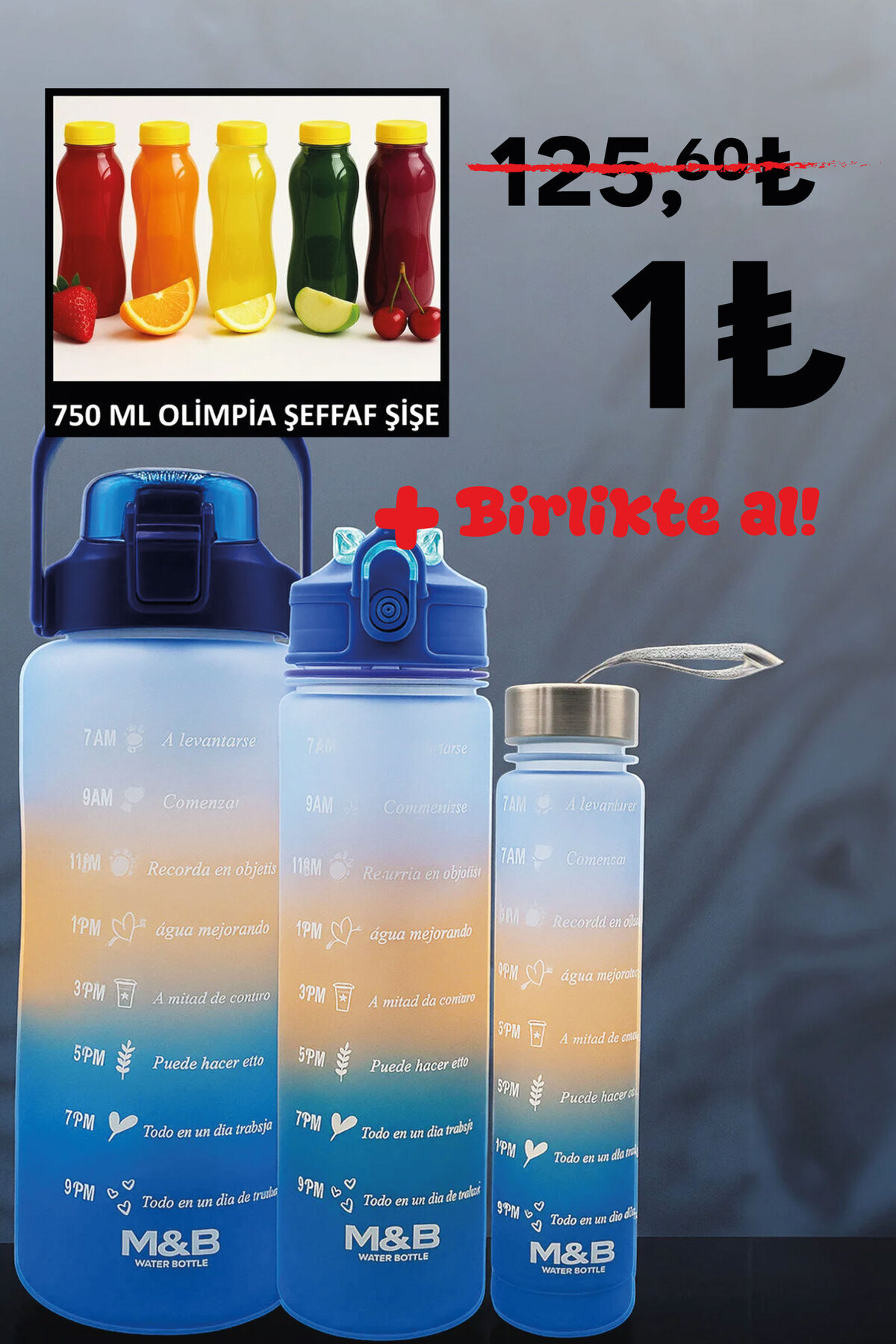 M&B WATER BOTTLE 3'lü Motivasyonel Matara Seti - Günlük Spor Kamp Su Matarası Pipetli Suluk Su Şişesi 2000-900-500ml