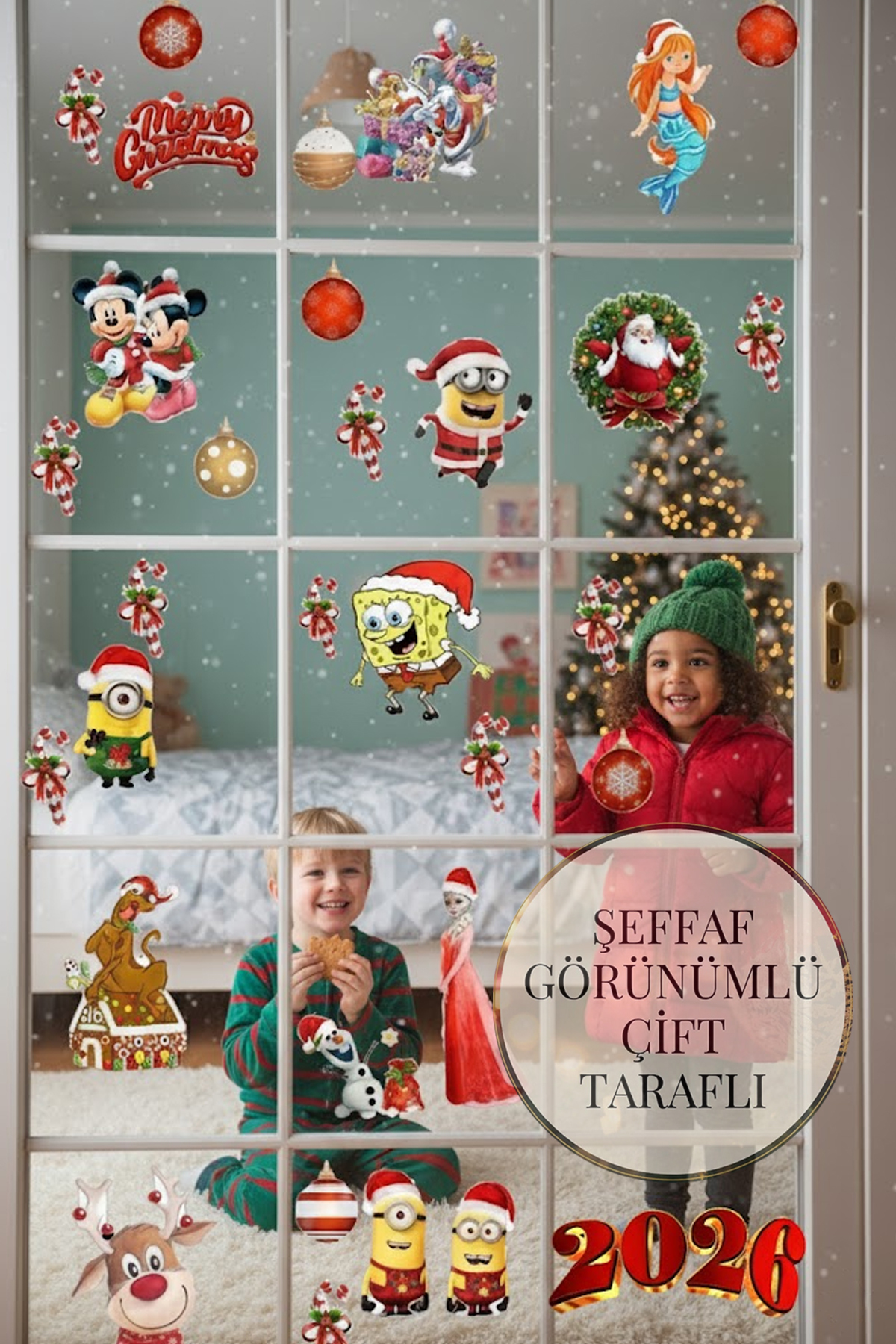 New Year Christmas Figures Welcome 2026 New Season Transparent Double Sided Glass Door Wall Sticker Set