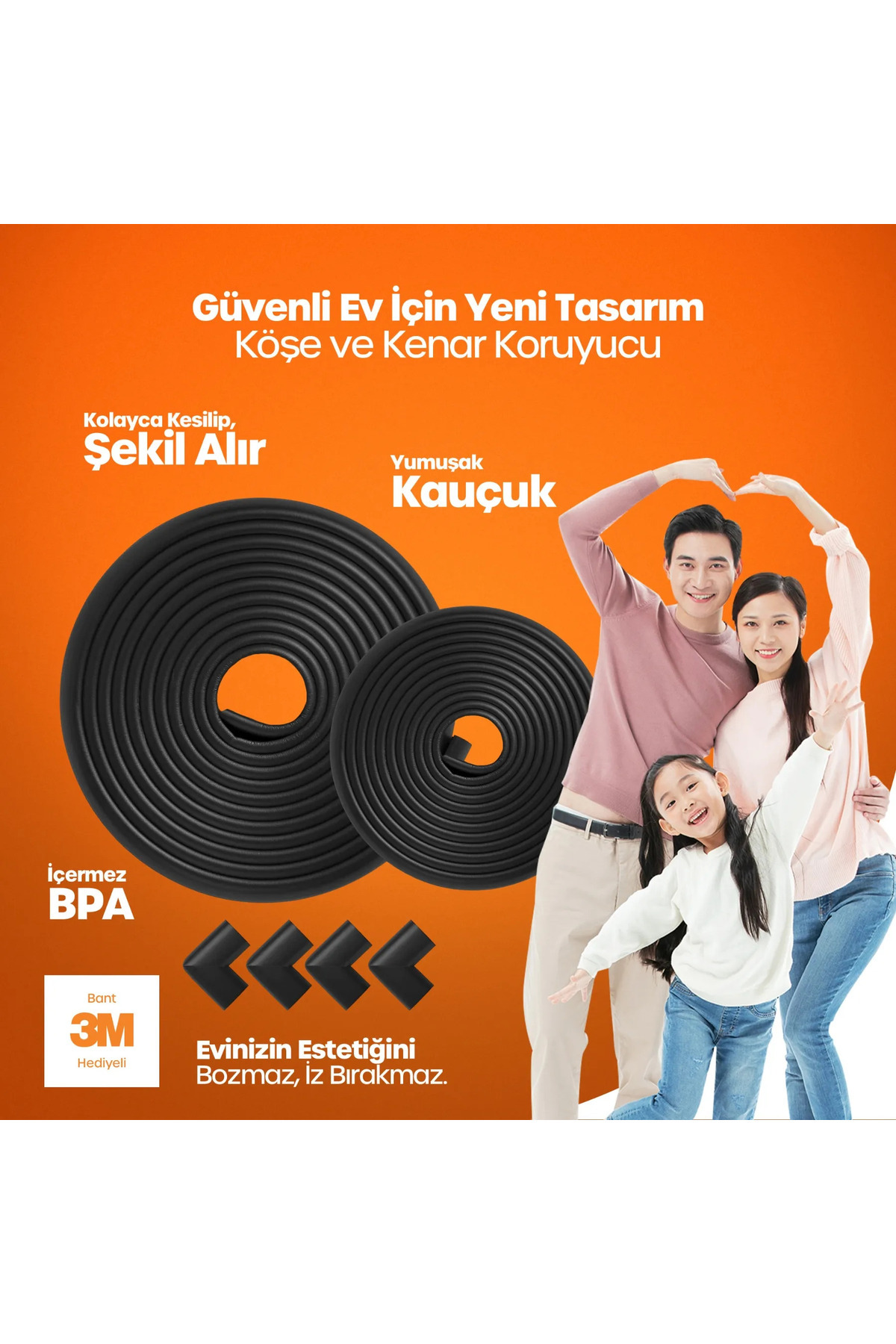 Miningaa 3m Bant Hediyeli Mat Siyah 2 Metre 4 Adet Köşe Koruyuculu Esnek Ve Yumuşak Kauçuk Kenar Koruyucu