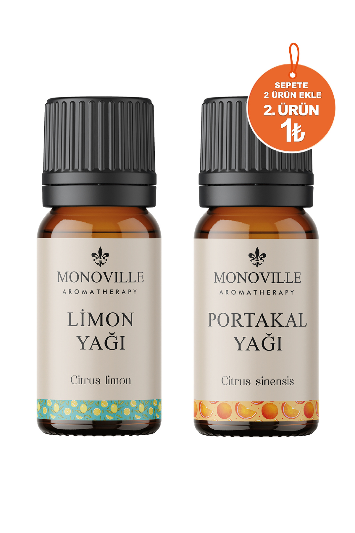 Monoville Limon Yağı 10 ml, Portakal Yağı 10 ml 2'li Set %100 Saf ve Doğal (Lemon and Orange Oil) 2x10 ml