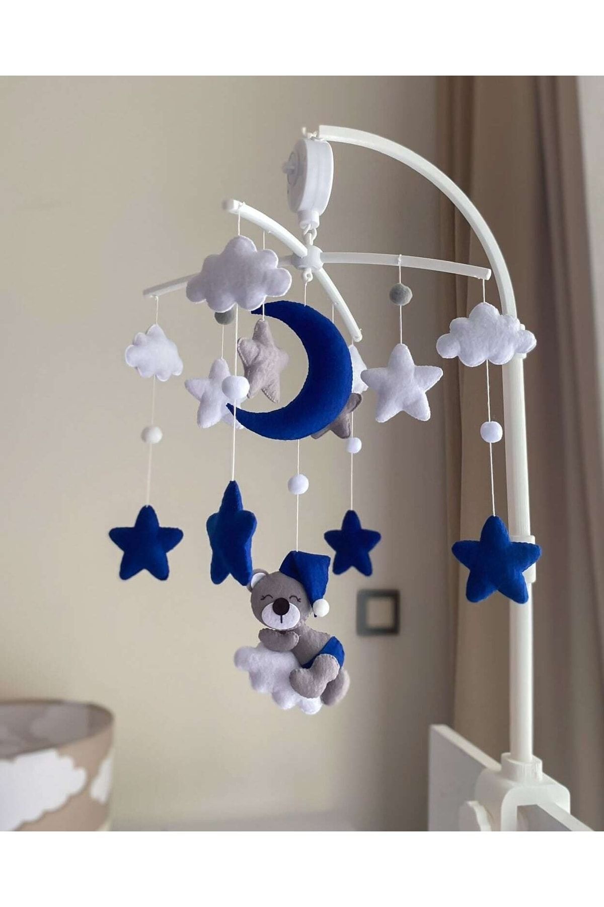 Leobabyroom Lacivert Gri Beyaz Renk Kombinli Kız/erkek Bebek/çocuk Odası Kurmalı Müzikli Beşik Dönencesi fotoğrafı 3 (önizleme)