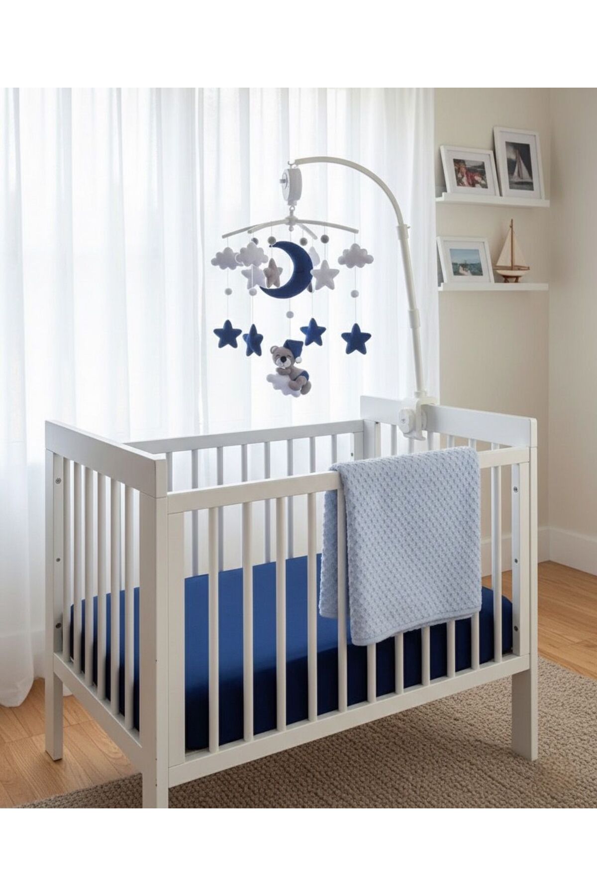 Leobabyroom Lacivert Gri Beyaz Renk Kombinli Kız/erkek Bebek/çocuk Odası Kurmalı Müzikli Beşik Dönencesi fotoğrafı 2 (önizleme)