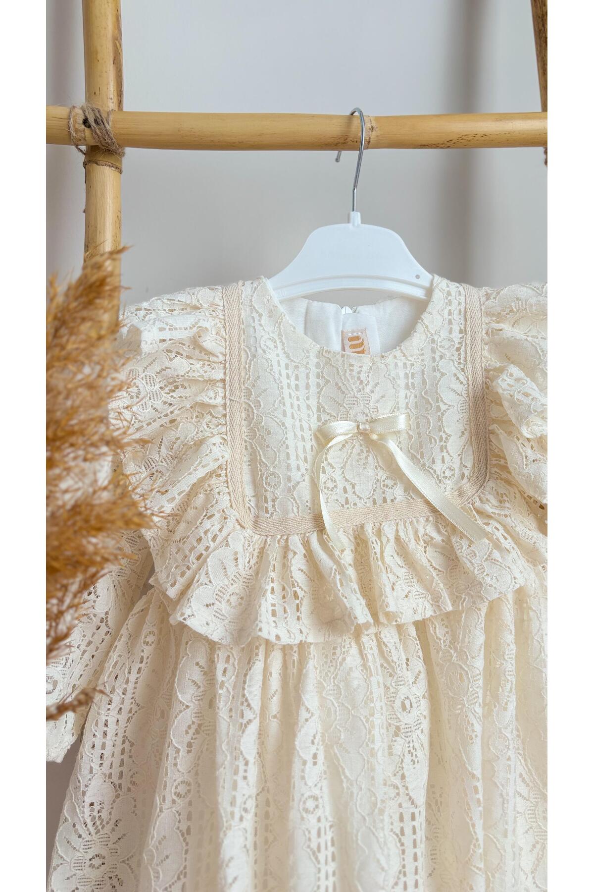 ALYRA Kız Bebek Çocuk Uzun Kollu Dantelli Fiyonklu Fırfırlı Parti Düğün Doğum Günü Bayramlık Elbise fotoğrafı 2 (önizleme)