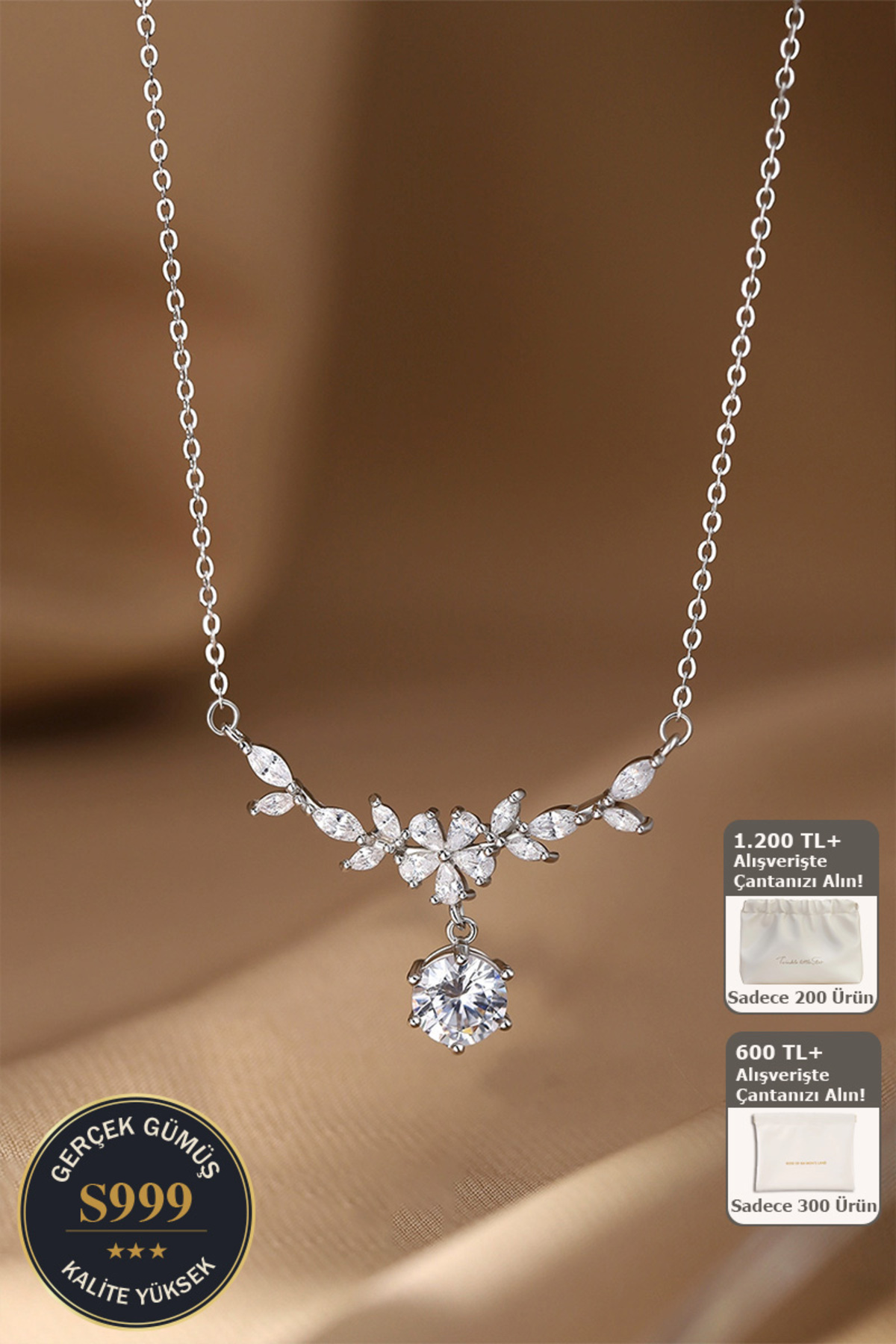 Shylyn 999 Saf Gümüş Buğday Başak Wisteria Çiçeği Moissanit Taşlı Kolye