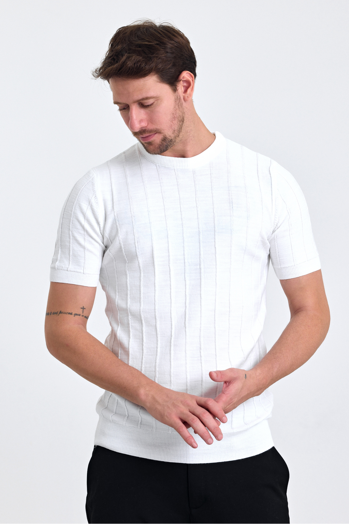 COMBİNE MİCHAİL Beyaz Bisiklet Yaka Triko Erkek T-shirt görsel 4