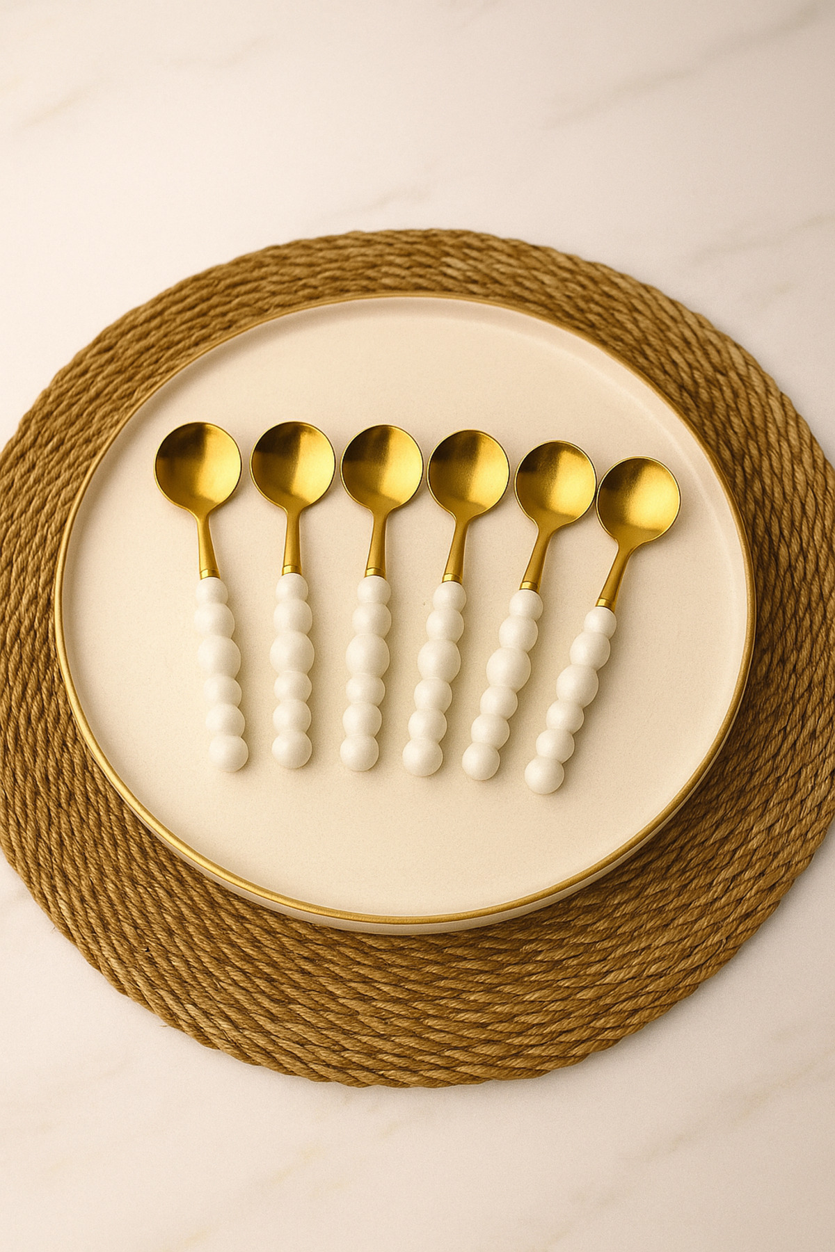 BEYZANA 6 Adet Beyaz Plastik İnci Taş Detaylı Gold Tatlı Kaşık Takımı | 6 Parça Lüks Tatlı Kaşık Takımı