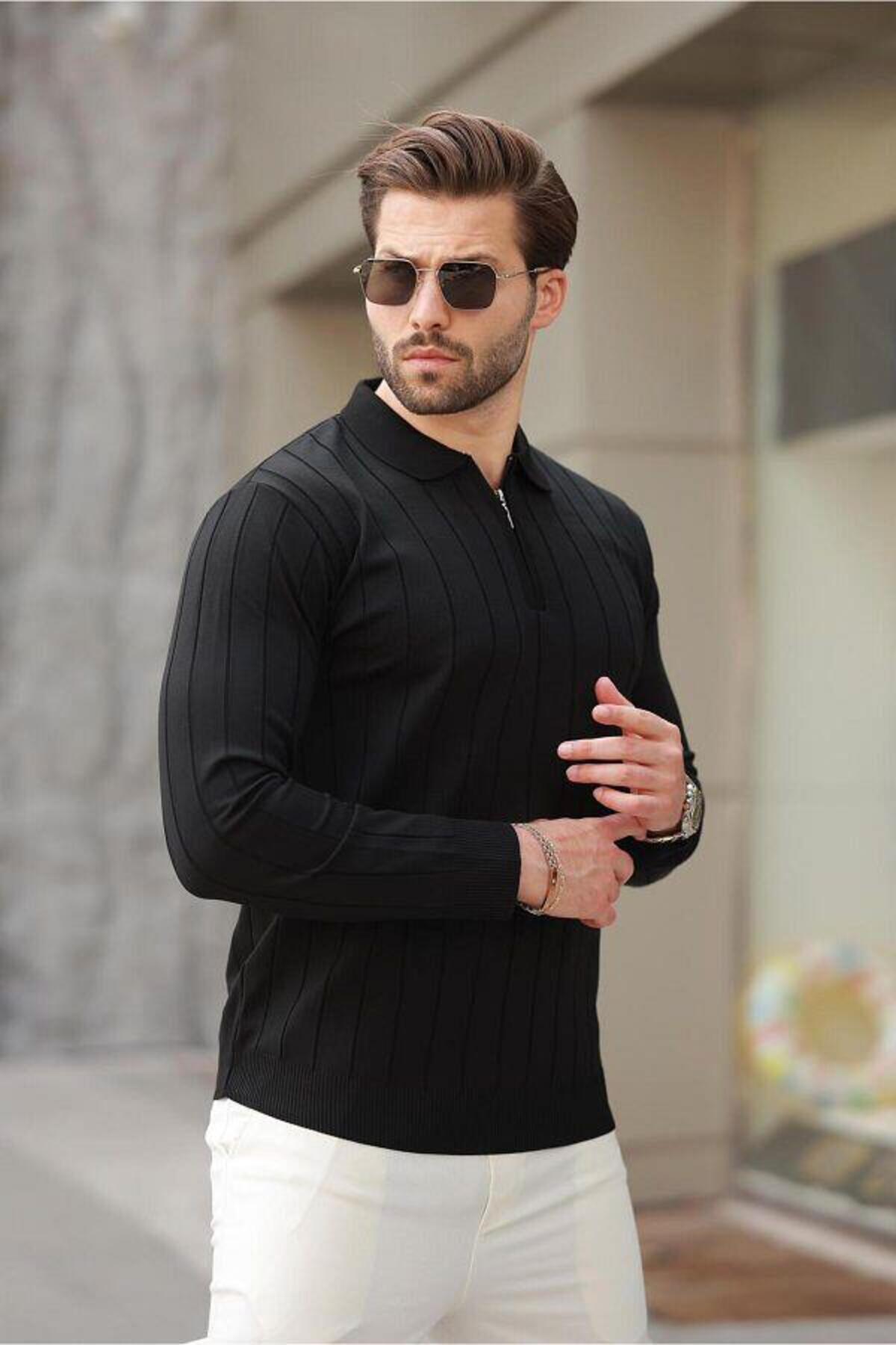 ribana Erkek Slim Fit Polo Yaka Fermuarlı Fitilli Triko Kazak - 4001 görsel 4