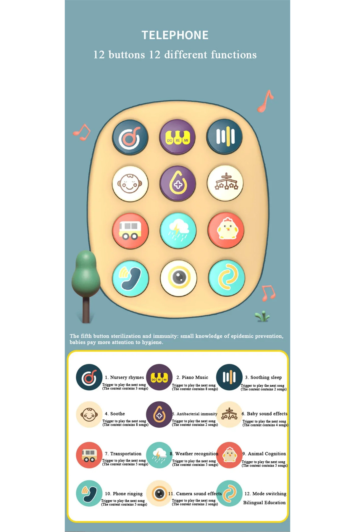 اسباببازی تلفن موزیکال ۳ در ۱ گرین بیبی برای نوزادان و کودکان نوپا، اسباببازی تعاملی آموزشی با چراغهای گربهای