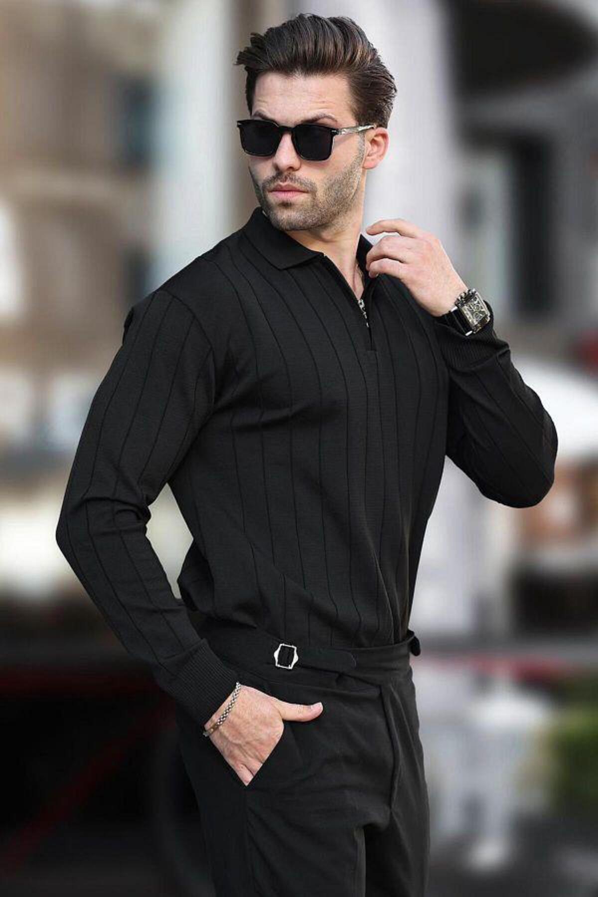 ribana Erkek Slim Fit Polo Yaka Fermuarlı Fitilli Triko Kazak - 4001 görsel 3