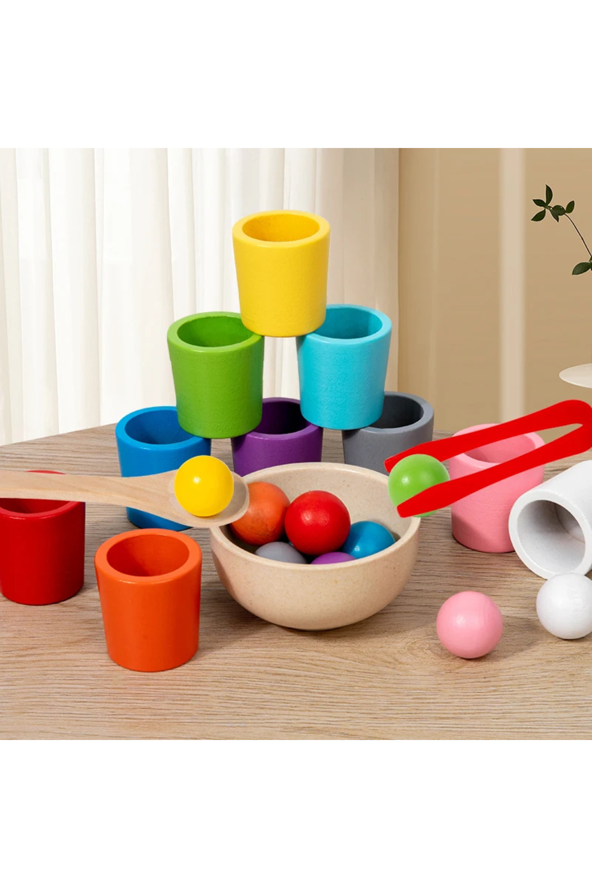 همان‌طور که نشان داده شده است، اسباب‌بازی چوبی مونته‌سوری: بازی تطبیق و مرتب‌سازی فنجان‌های رنگی برای آموزش شناخت، مناسب آموزش اوایل کودکی L