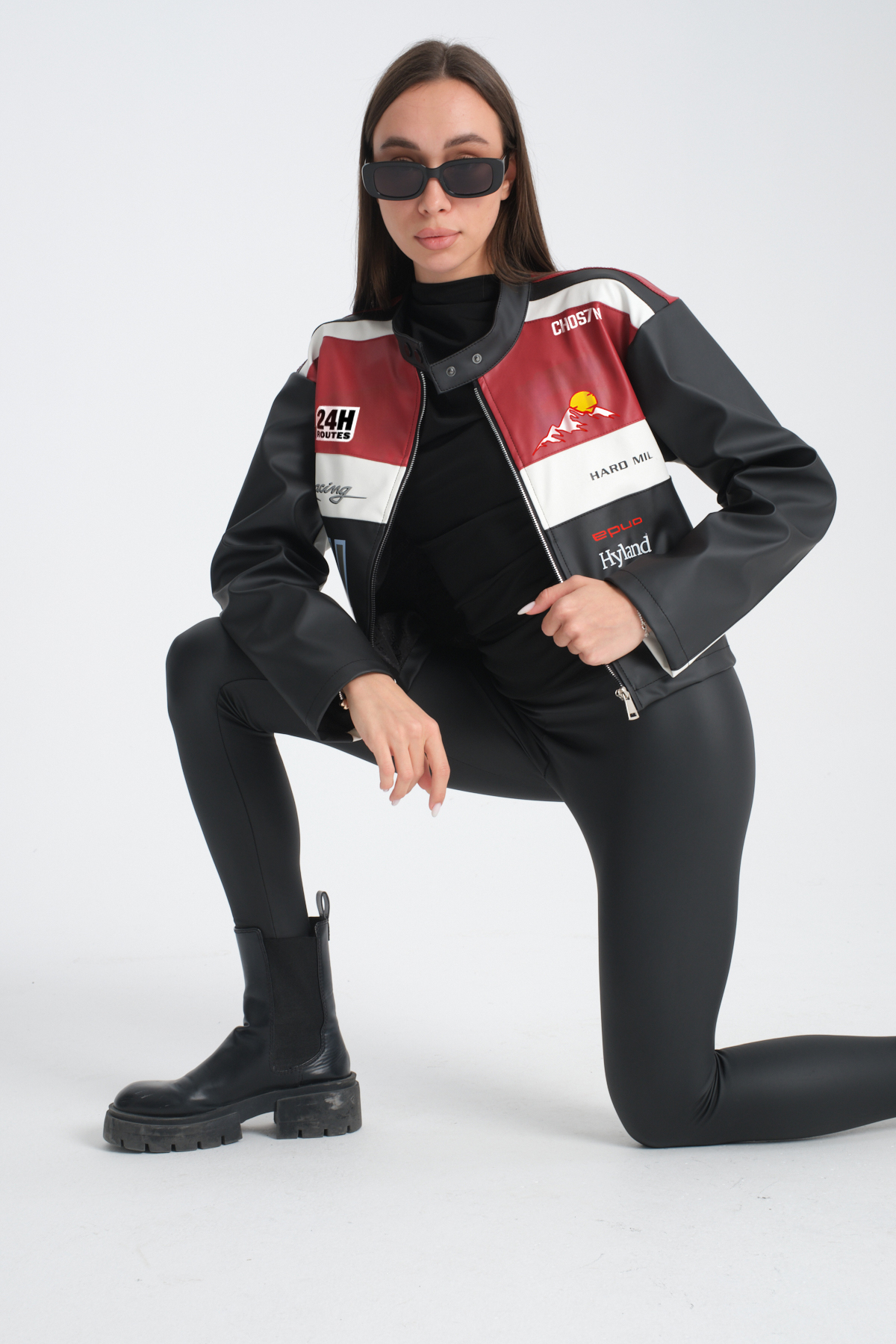 Black Level  Kadın Oversize Baskılı Deri Şeritli Motorcu Montu Garnili Fermuarlı Yarışçı Ceketi Bomber Kolej Mont - Görsel 6