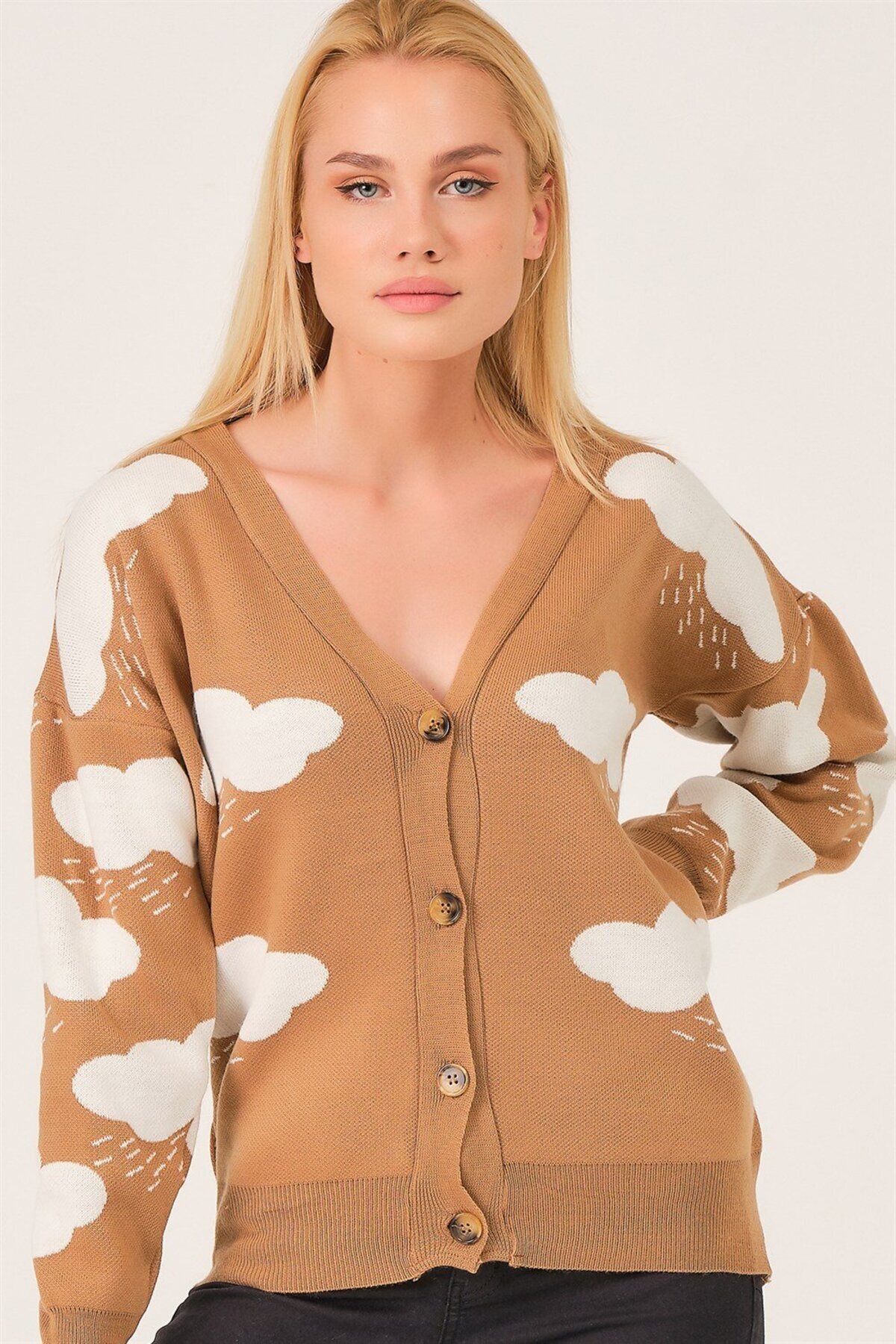 دوبری ژاکت بافتنی طرح ابر Z3009 - شتری