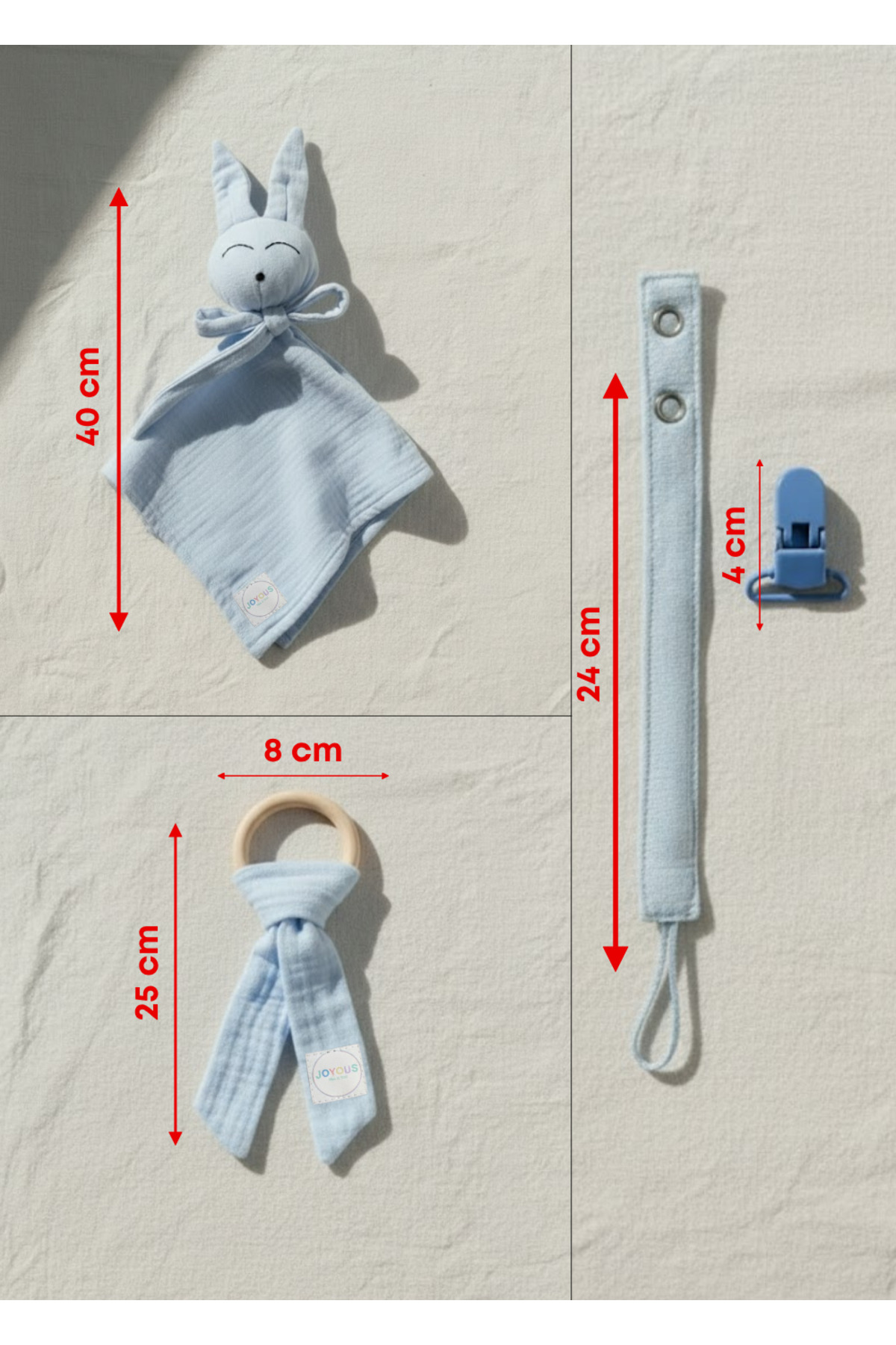 Joyous Mom Kids Hoş Geldin Bebek Seti 3'lü %100 Pamuk Müslin Set Diş Kaşıyıcı Emzik Askısı Uyku Arkadaşı Yenidoğan fotoğrafı 5 (önizleme)