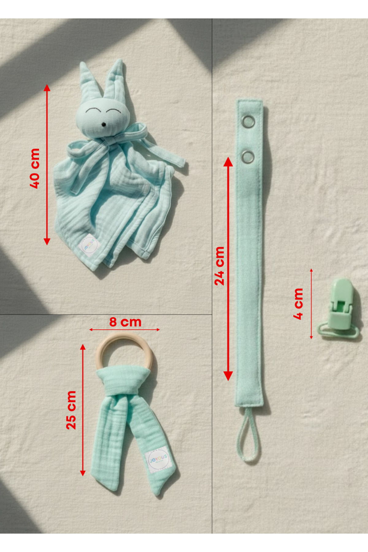 Joyous Mom Kids Hoş Geldin Bebek Seti 3'lü %100 Pamuk Müslin Set Diş Kaşıyıcı Emzik Askısı Uyku Arkadaşı Yenidoğan fotoğrafı 5 (önizleme)