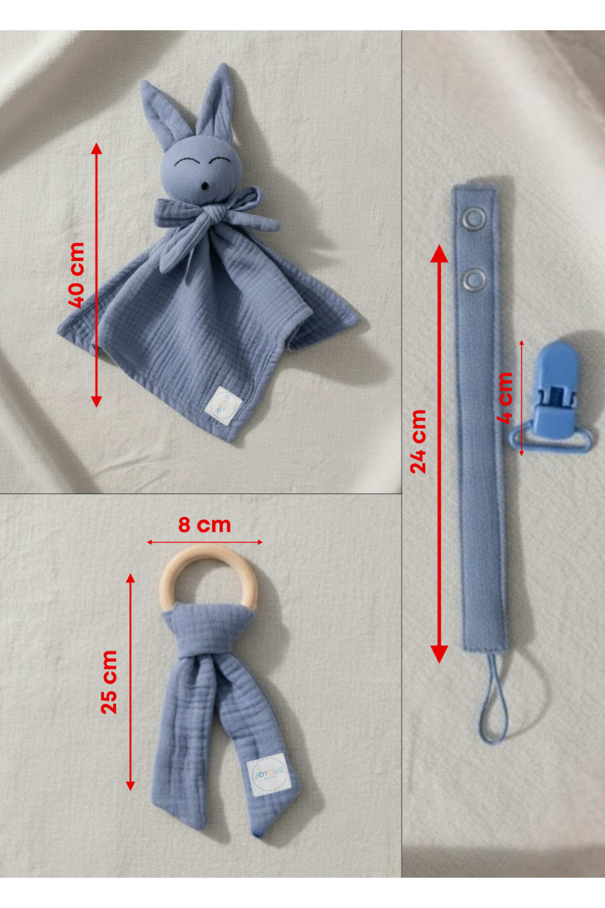 Joyous Mom Kids Hoş Geldin Bebek Seti 3'lü %100 Pamuk Müslin Set Diş Kaşıyıcı Emzik Askısı Uyku Arkadaşı Yenidoğan fotoğrafı 5 (önizleme)