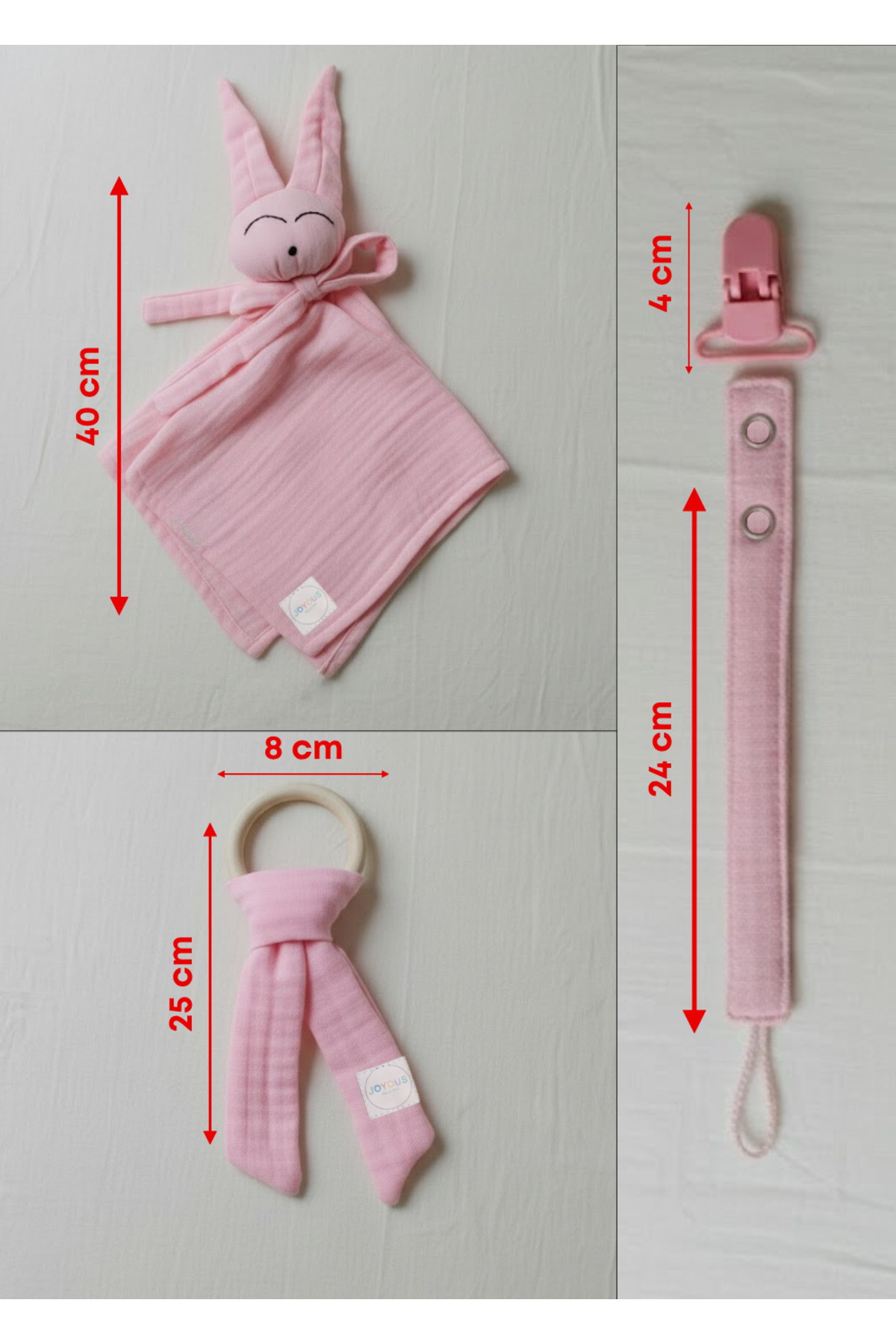 Joyous Mom Kids Hoş Geldin Bebek Seti 3'lü %100 Pamuk Müslin Set Diş Kaşıyıcı Emzik Askısı Uyku Arkadaşı Yenidoğan fotoğrafı 5 (önizleme)