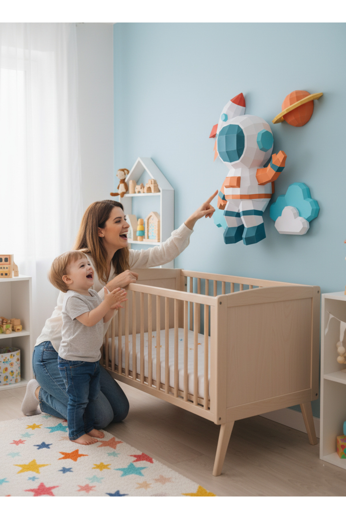 آویز دیواری سهبعدی فضانورد | مدل برای اتاق پسر ۶۲×۶۲ سانتیمتر | فعالیت بدون صفحه با تم فضایی