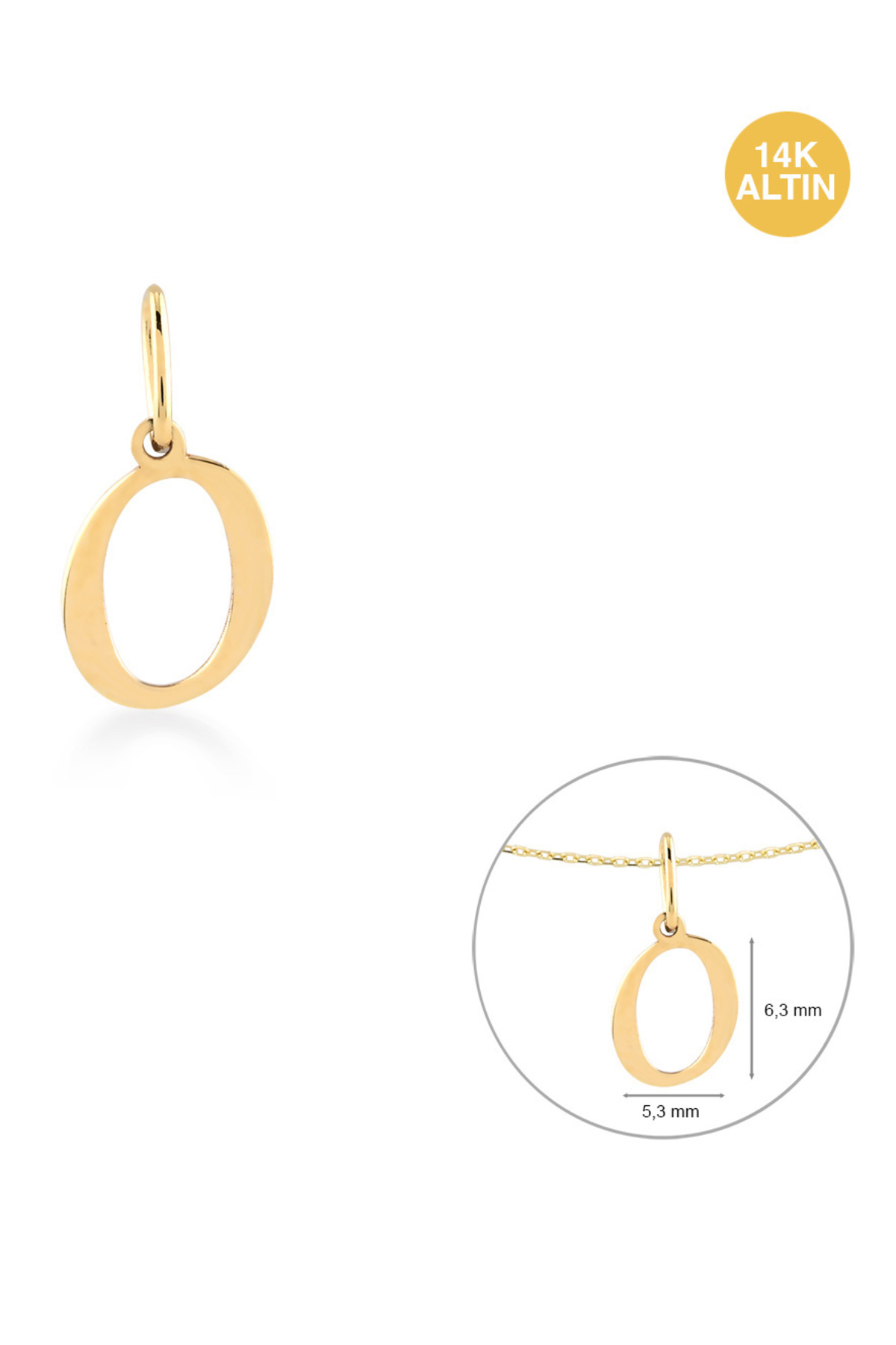 KURSHUNI Taşsız O Harfi, 14 Ayar Altın Kolye Ucu