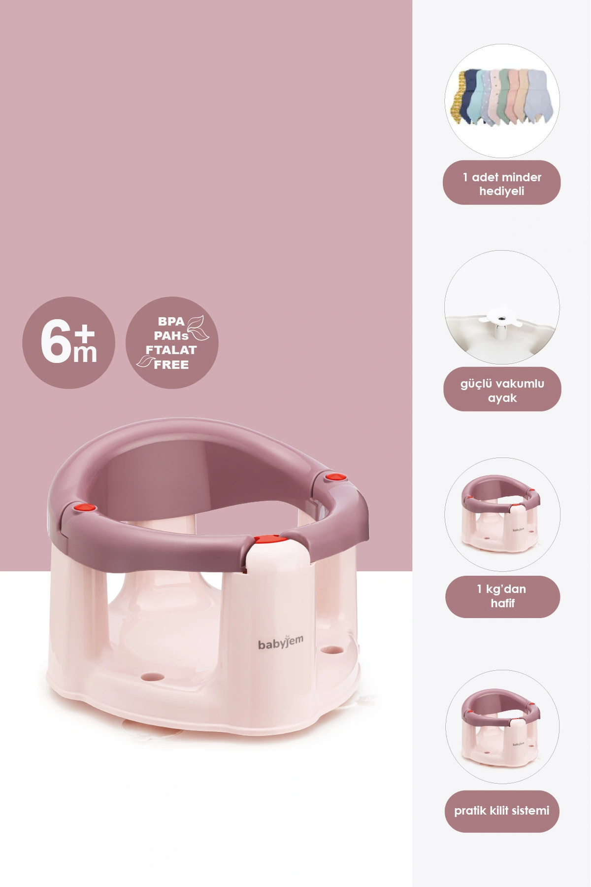 Babyjem Önden Açılır Banyo ve Mama Oturağı ve Hediye Minderli - 2 'Li Set Mürdüm