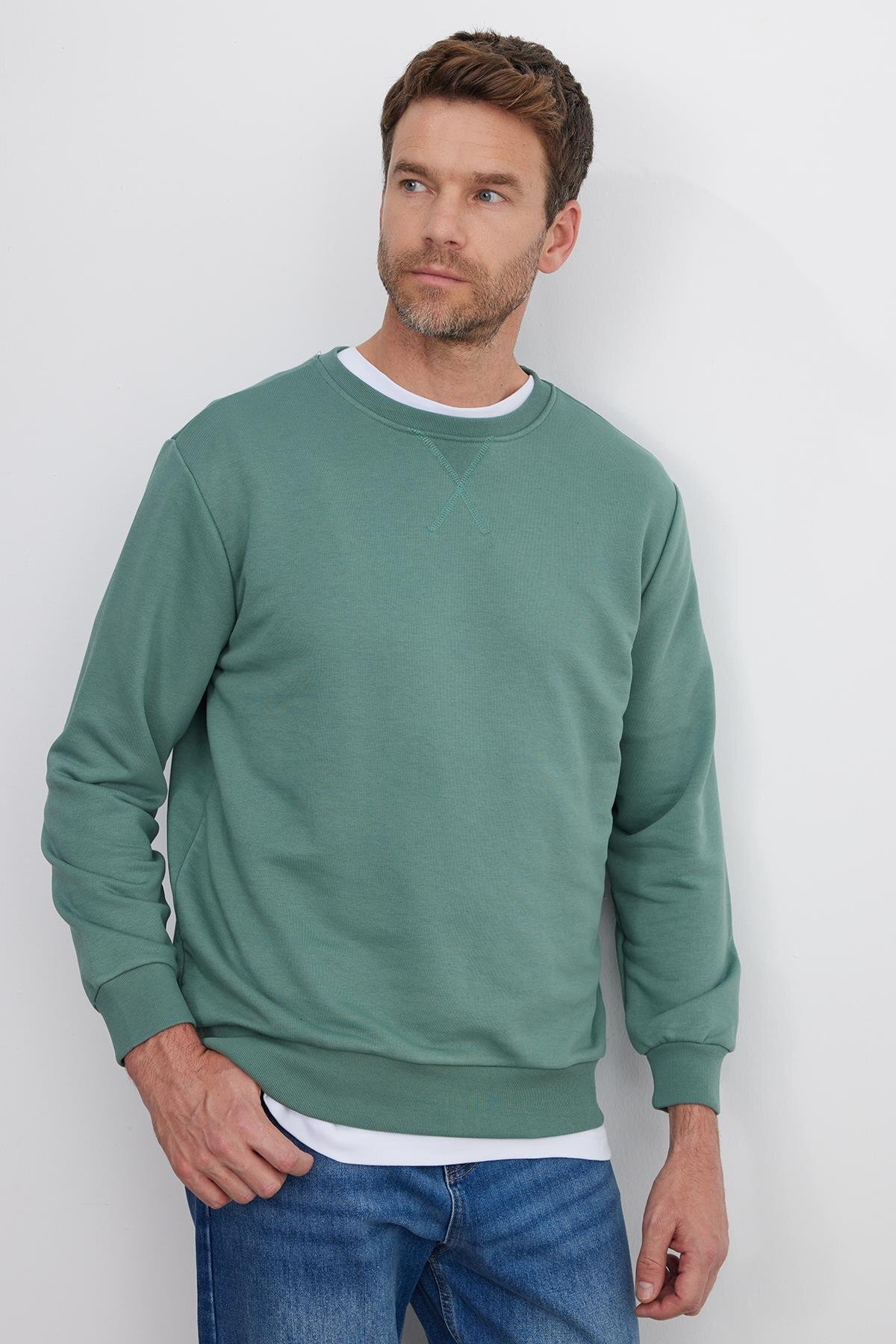 Unisex Relax Fit Rahat Kesim %100 Pamuk 3 İplik Basic Yeşil Bisiklet Yaka Sweatshirt — سبز SW230001-01 — تصویر 5 از 8