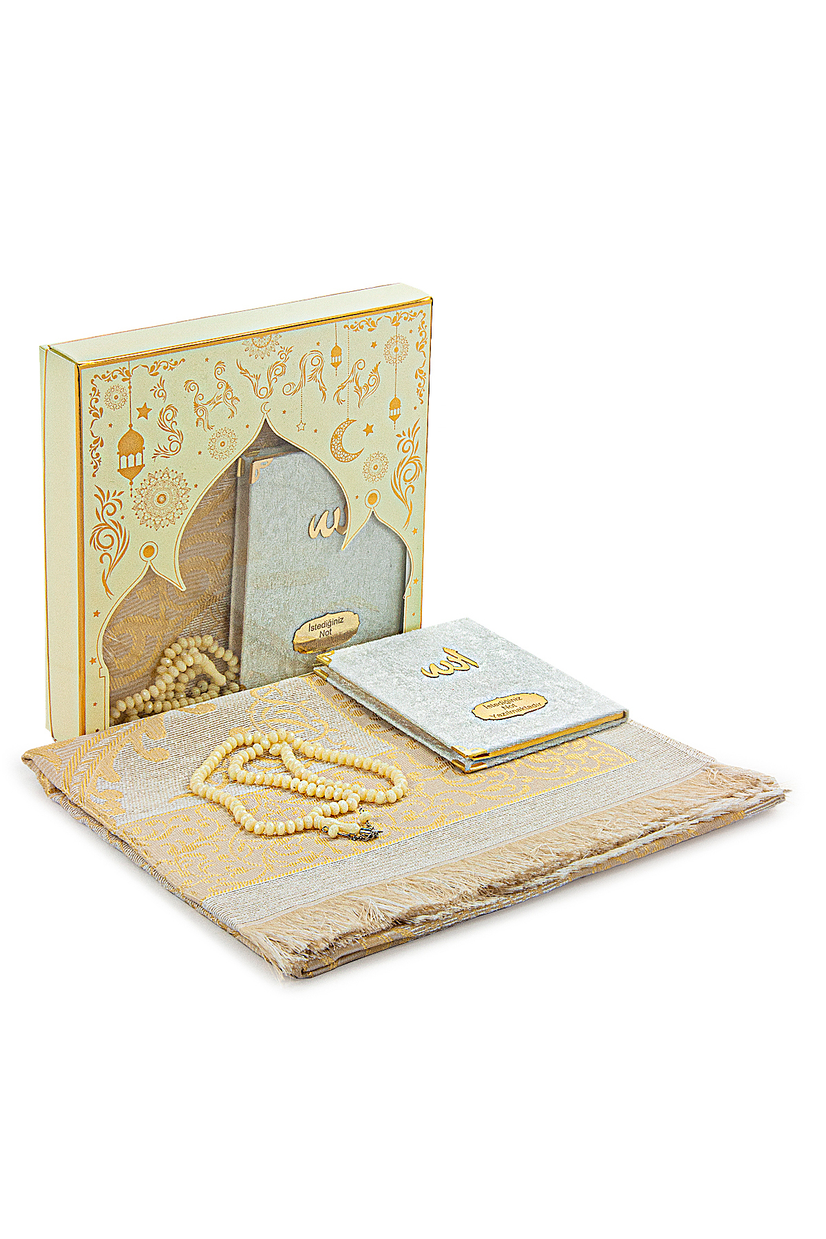 Cream Mevlüt Gift Velvet Covered Yasin Book Rosary Dowry Prayer Sheet Set