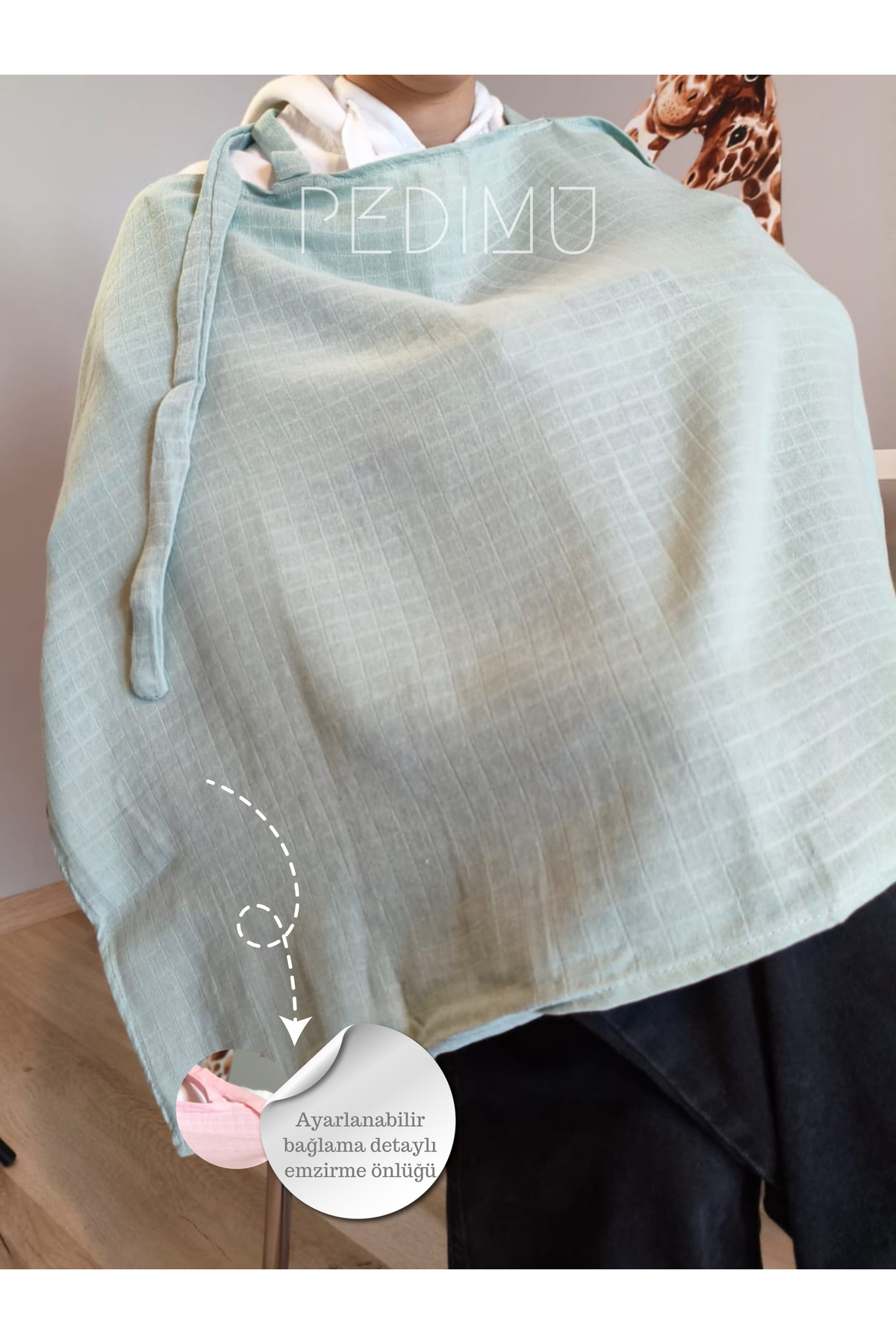 Pedimu Müslin Emzirme Önlüğü 60x100 cm – %100 Pamuk, Nefes Alabilen, Ayarlanabilir, - Nil Yeşili Renk fotoğrafı 4 (önizleme)