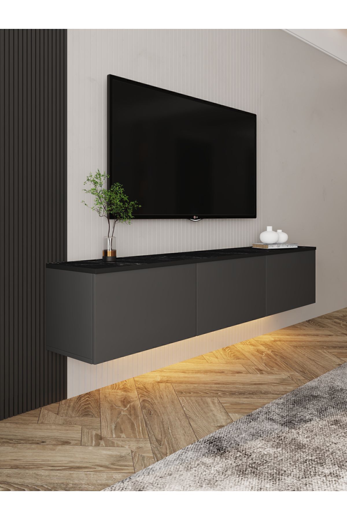 Neon LED Lighted Wall Mounted TV Stand with 3 Covers – 160 cm - Modern Design Anthracite(Marble Pattern)
