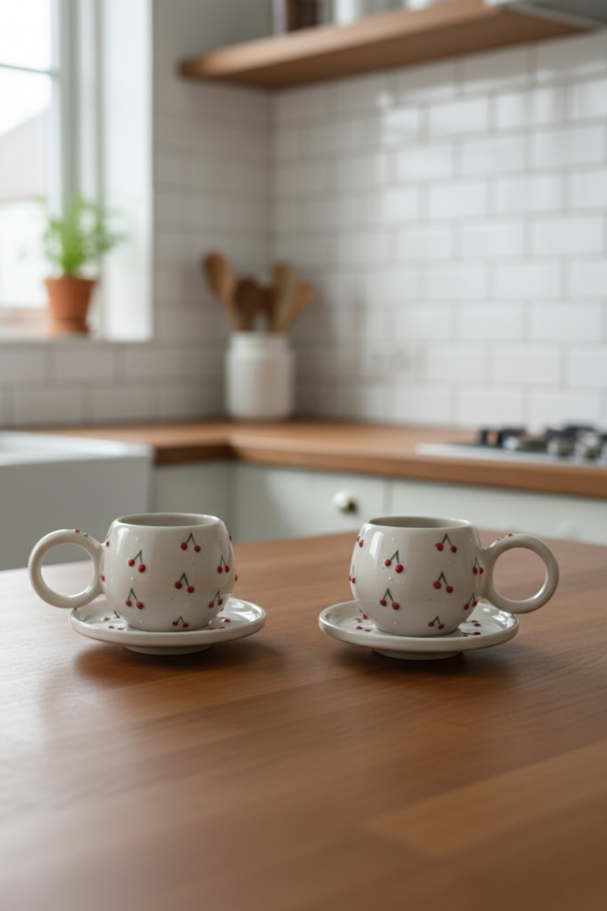 Cherry Embossed 2-Piece Handmade Ece Coffee Teacup Set with Plate