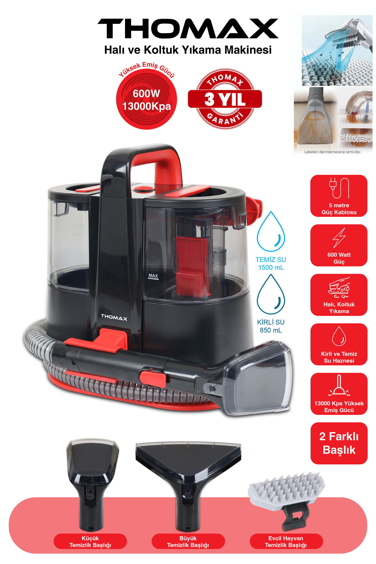 THOMAX Koltuk Halı Yıkama Ve Leke Çıkartma Makinesi 1500 Ml Temiz 850 Ml Kirli Su Haznesi 600W Güç